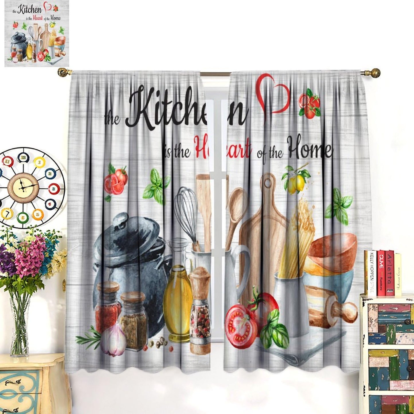 Focusbrite Rustic Kitchen Curtains, Vintage Farmhouse Country Fresh Vegetables Funny Quotes Window Drapes for Bedroom Living Room Kitchen Set 2 Panels,42x45 Inches