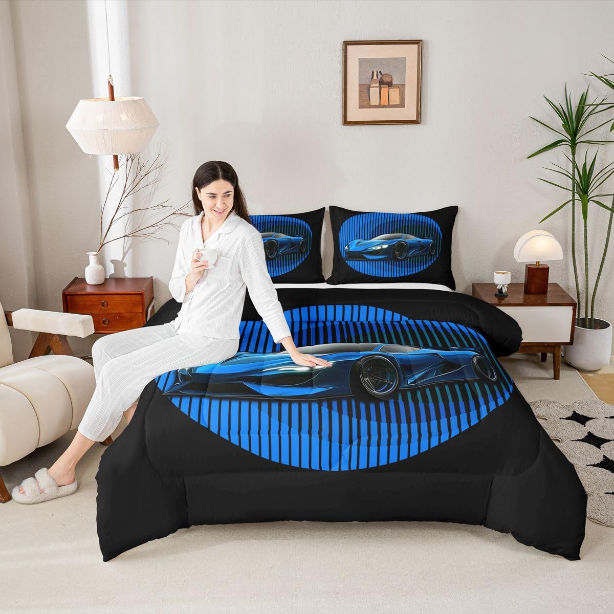 jejeloiu Racing Car Comforter Set All Season Race car Geometric Bedding Set with 1 Pillow Cases Speed Sports Car Kids Twin Bedclothes Extreme Sports Bedroom Decor Duvet Quilt Breathable Soft