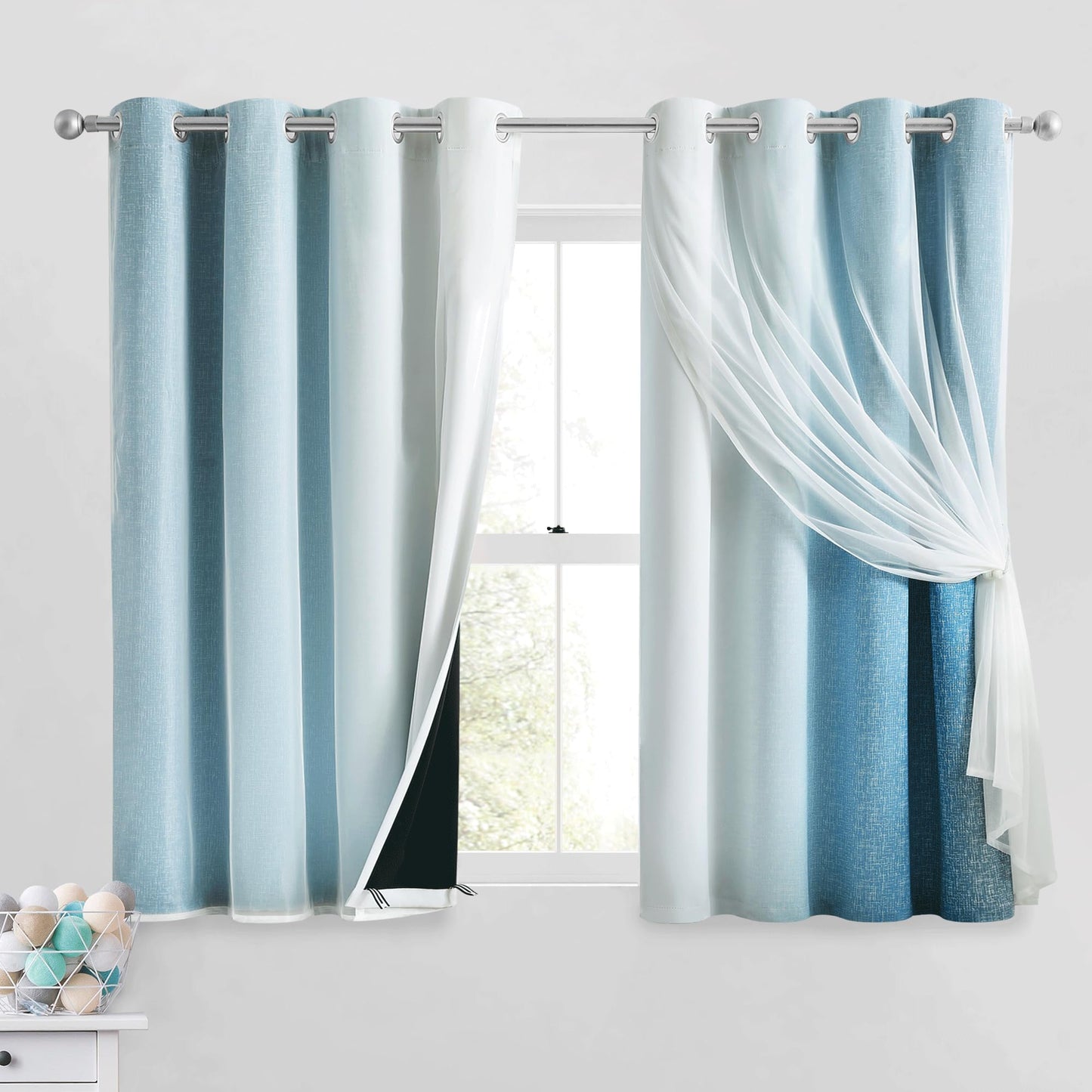 Geomoroccan Ombre 100% Blackout Curtains 54 Inches Long 2 Panels for Bedroom Living Room Blue and White Double Layer Sheer Overlay Mix & Match Grommet Thermal Soundproof Drapes with Tiebacks, 52x54