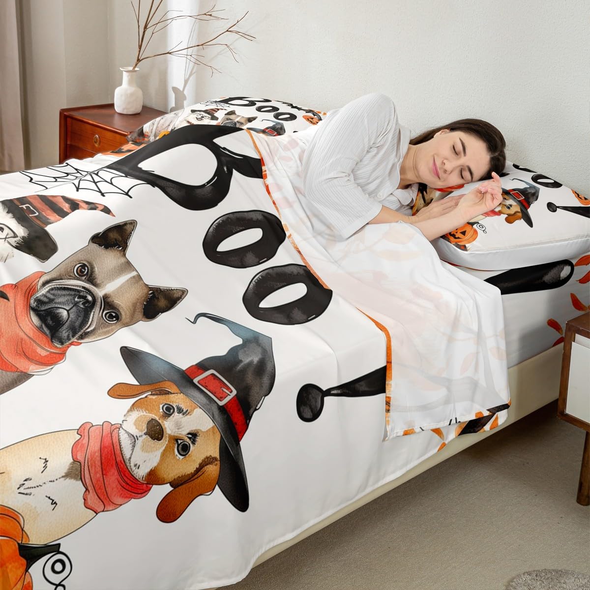 Feelyou Halloween Bed Sheets Sets Full Size Kids Boys Girls Pumpkin Bedding Set Maple Fall Leaves Bed Sheet Set with 16-Inch Deep Pockets Spider Web 4Pcs with 2 Pillow Cases