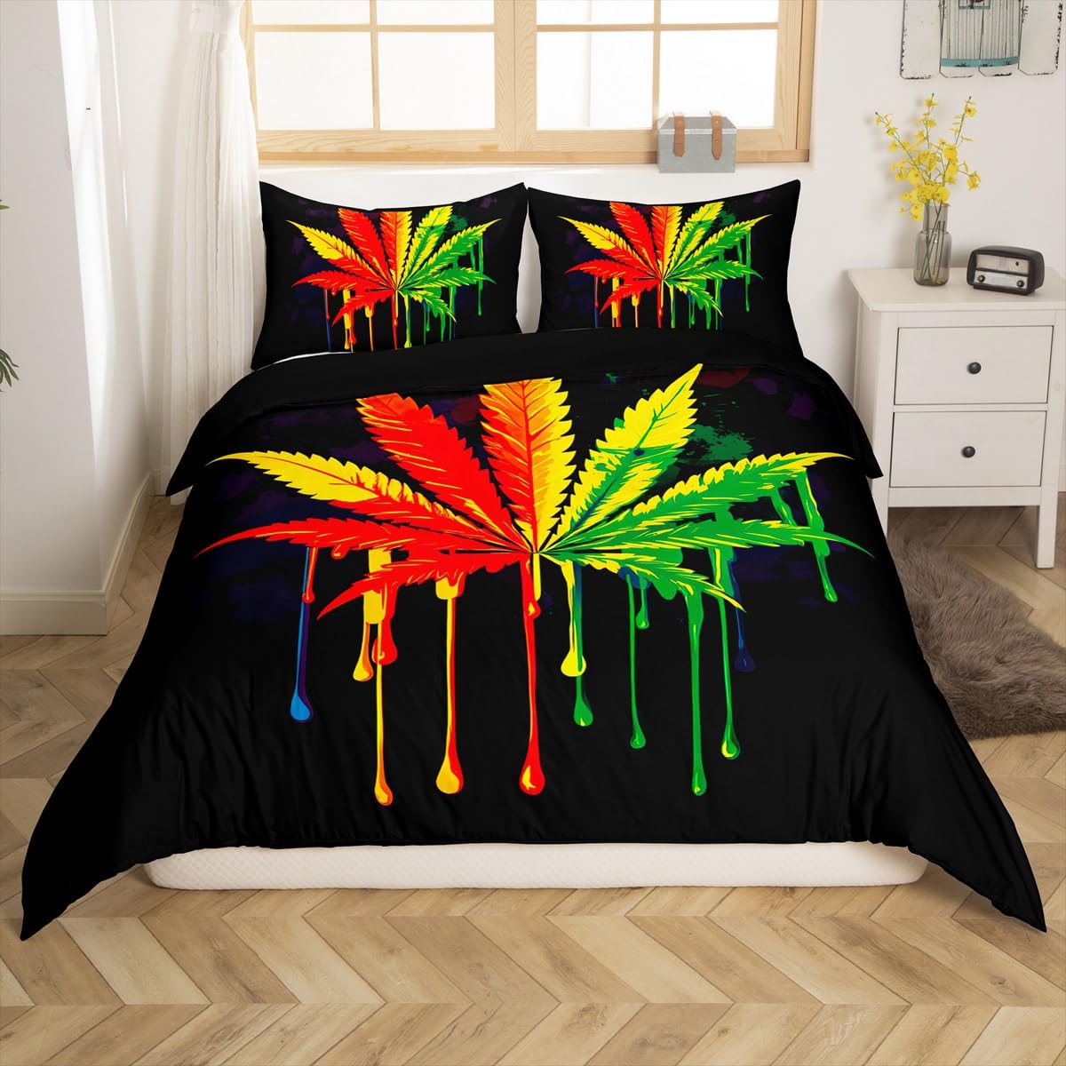 Feelyou Marijuana Duvet Cover Set Trippy Cannabis Leaves Bedding Set Marijuana Weed Botanical Comforter Cover 1 Quilt Cover + 2 Pillowcases Full Size