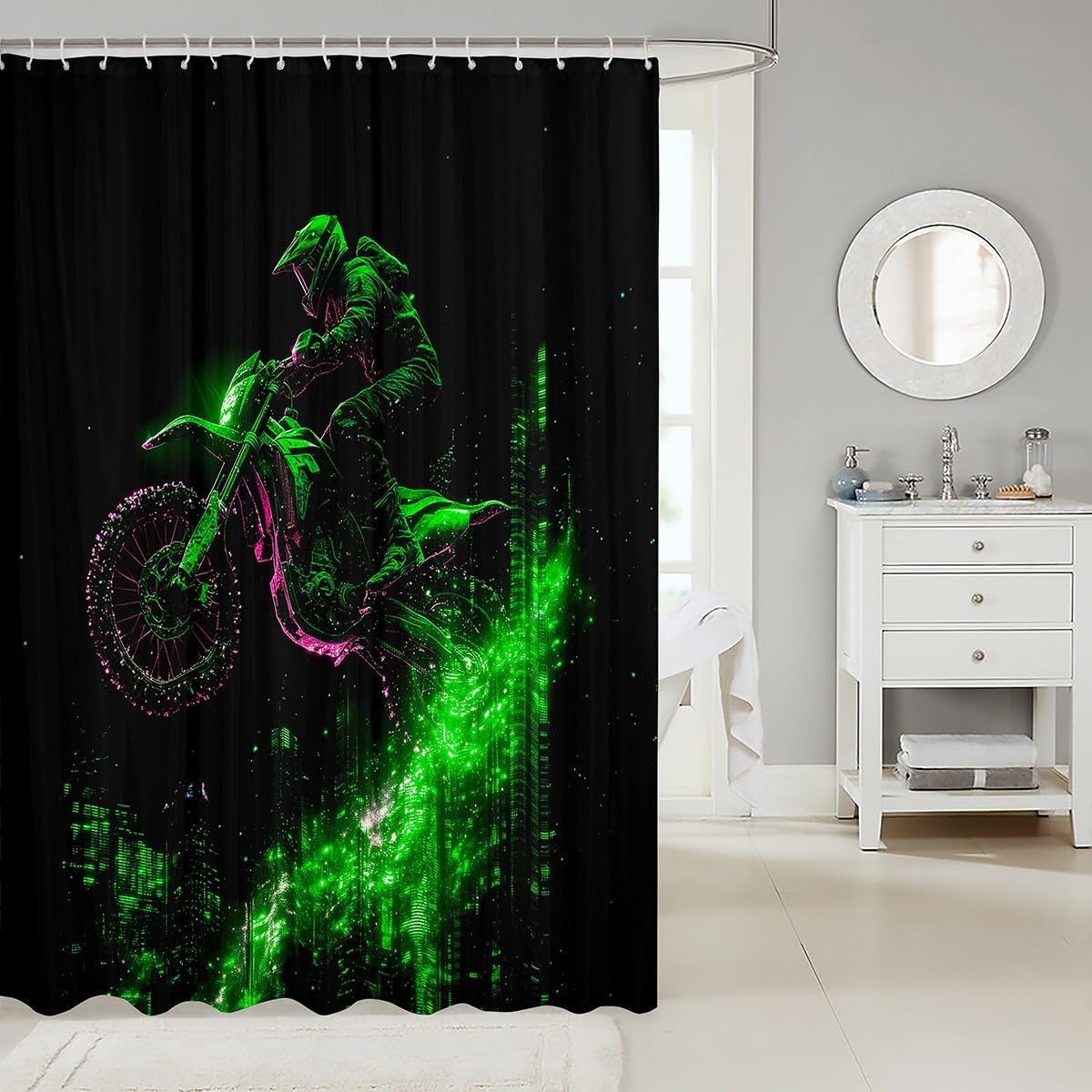 Feelyou Kids Dirt Bike Bathroom Shower Curtain Set Racing Motocross Rider Bath Curtain Boys Girls for Motorbike Shower Curtain Extreme Sports Teens Bathroom Accessories Bedroom Decor 72"x72"