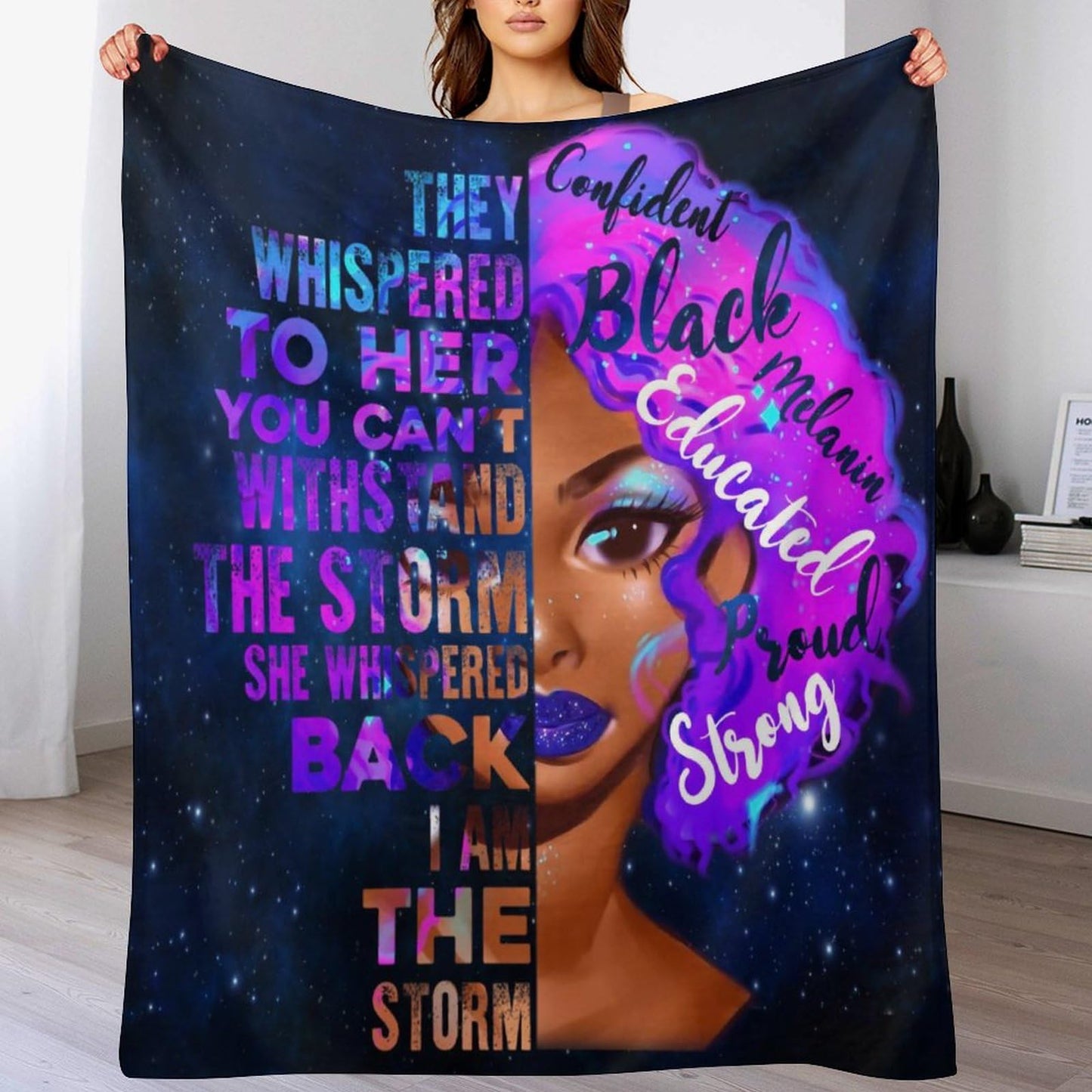 African American Woman Bedding Fleece Throw Blanket, Beautiful Purple Hair Black Grils Inspirational Quotes All Season Flannel Soft Warm Microplush Lightweight Thermal for Sofa Bed Bedroom 40"x50"