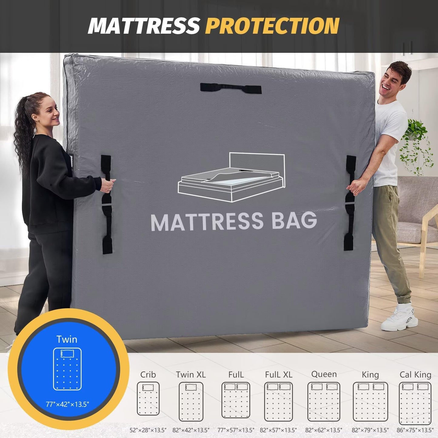 Mattress Bags for Moving and Storage, BETU Twin Mattress Protector Waterproof Mattress Cover with 8 Heavy Duty Handles and Zipper Extra Thick Moving Supplies for Dorm Bed Reusable (77x42x13.5 Grey)