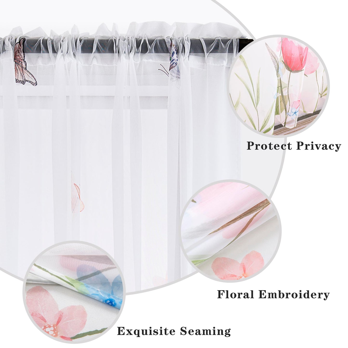 youleyar Floral Sheer Curtains for Living Room 63 Inches Long 2 Panels White Semi-Sheer Curtain with Flower/Butterfly Printed Pattern Summer/Spring Rod Pocket Voile Drapes for Bedroom, W52 x L63