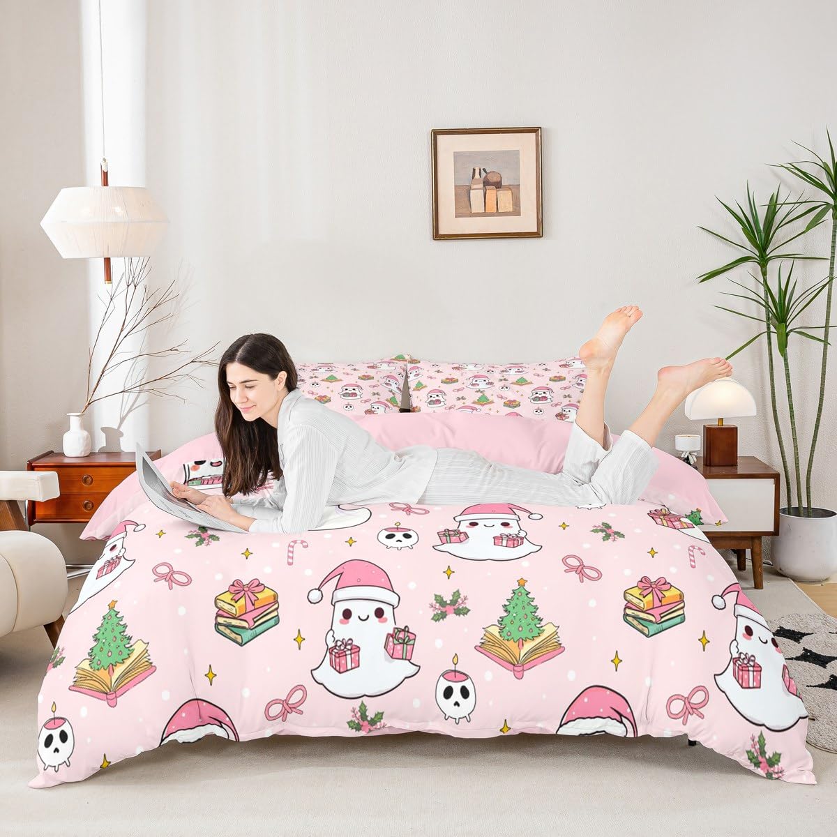 Christmas Ghost Duvet Cover Set Twin Size,Pink Santa's Hat Bedding Sets 2Pcs for Kids Girls Boys Adult Room Decor,Cartoon Christmas Tree Comforter Cover Candy Stars Print Quilt Cover,1 Pillowcase