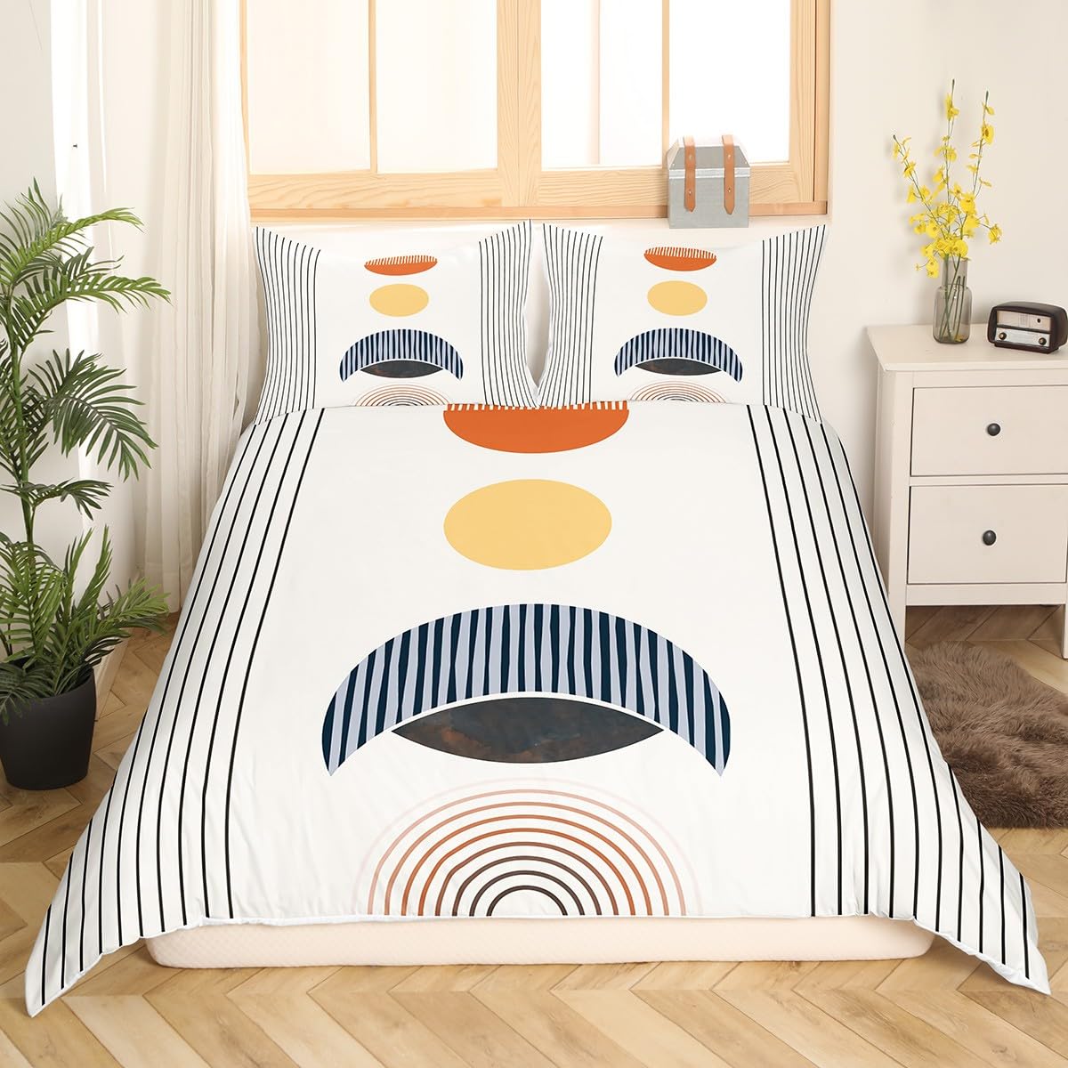 Erosebridal Modern Moon Print Bedding Sets Queen Mid Century Comforter Cover, Abstract Art Bed Set Geometric Stripe Duvet Cover, Aesthetic Quilt Cover (Zipper Closure)