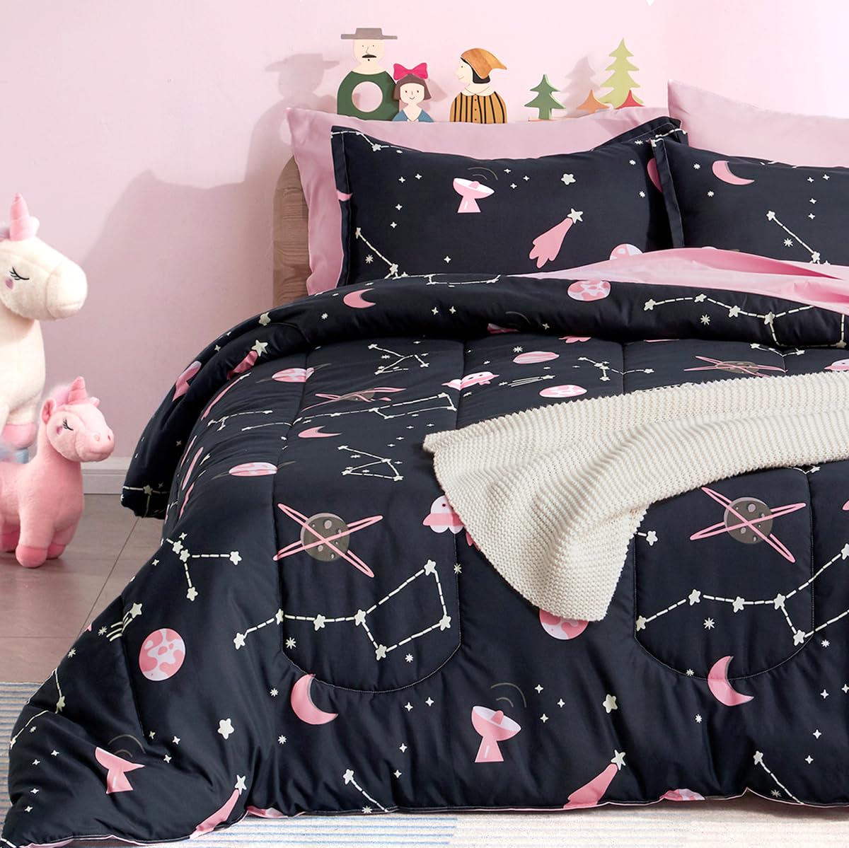 SLEEP ZONE Kids Twin Bedding Comforter Set - Super Cute & Soft Kids Bedding Bed in a Bag 5 Pieces Set with Comforter, Sheet, Pillowcase & Sham (Pink Galaxy)