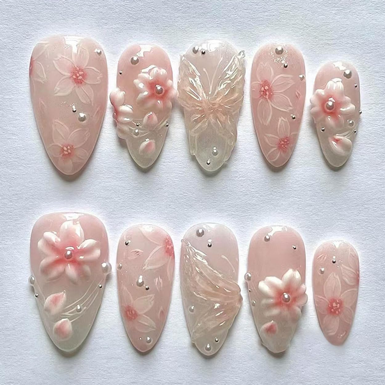 Press on Nails Almond Medium Pink Fake Nails French Tip False Nails Press ons with Flowers Design Glue on Nails Artificial Acrylic Nail Art Glossy Full Cover Stick on Nail Supplies for Women 24Pcs