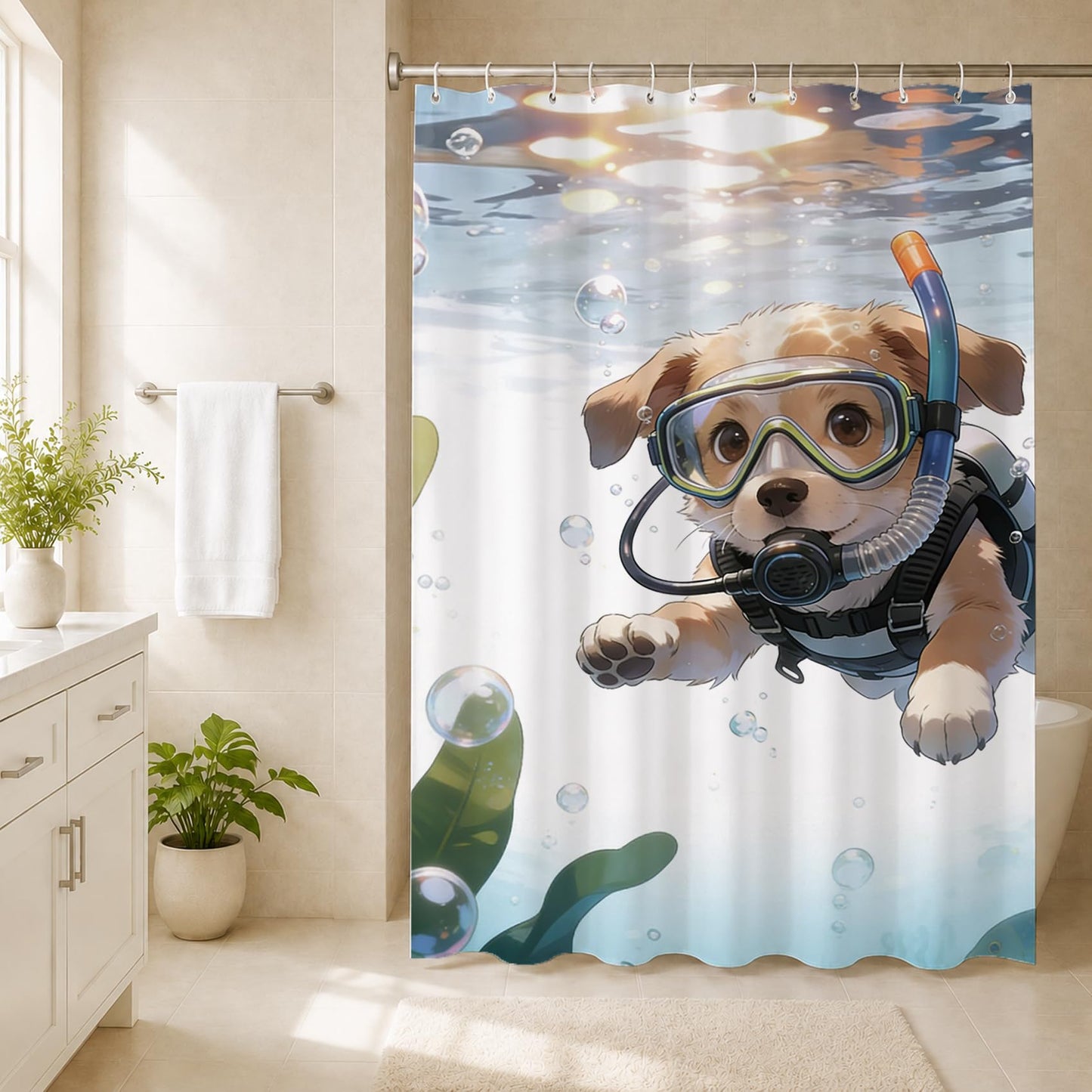 Shower Curtain Cute Swimming Dog Shower Curtains Easy Hook Waterproof Bathroom Window Curtains Quick Dry Machine Washable Curtain Easy Clean One Piece Bathroom Decor 71×71 Inch