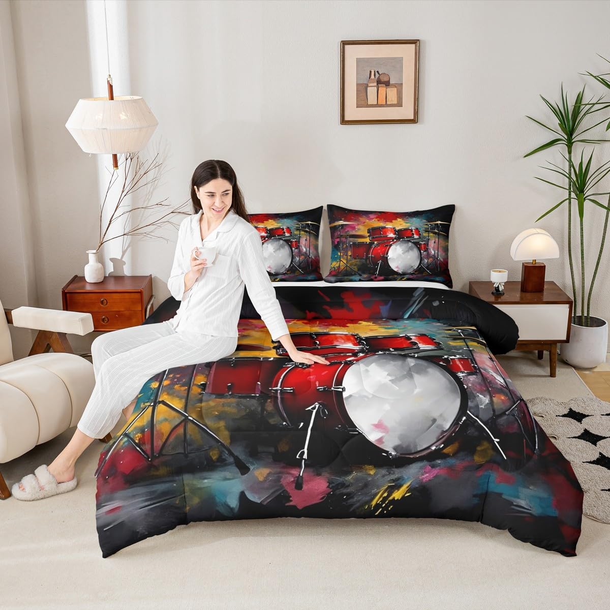 Erosebridal Drum Kit 3D Print Kids Comforter Sets Rock Music Themed Queen Bedding Set for Boys Girls Musical Pattern Comforter Set,Colorful Retro Style Quilt Duvet 3 Pcs