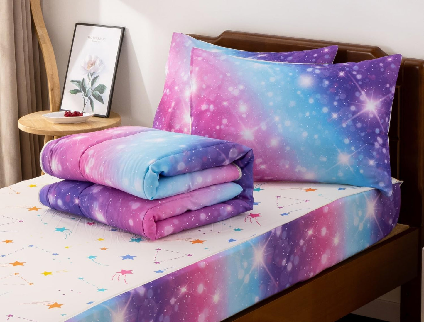 Meeting Story 3pcs Kids Comforter Set Zip up Bedding Set for Girls,Twin Kid Bedding Set Gradient Comforter Set for Kid,All in one Zipper Bedding（BluePurple,Twin）
