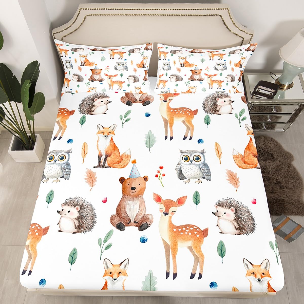 Feelyou Kids Cartoon Fox Sheet Set Cute Bear Bed Sheets Set for Boys Teens Decor Kawaii Owl Print Sheets with Deep Pocket Fitted Sheet Botanical Leaf Pattern Bedding Set Bedroom 4Pcs Full