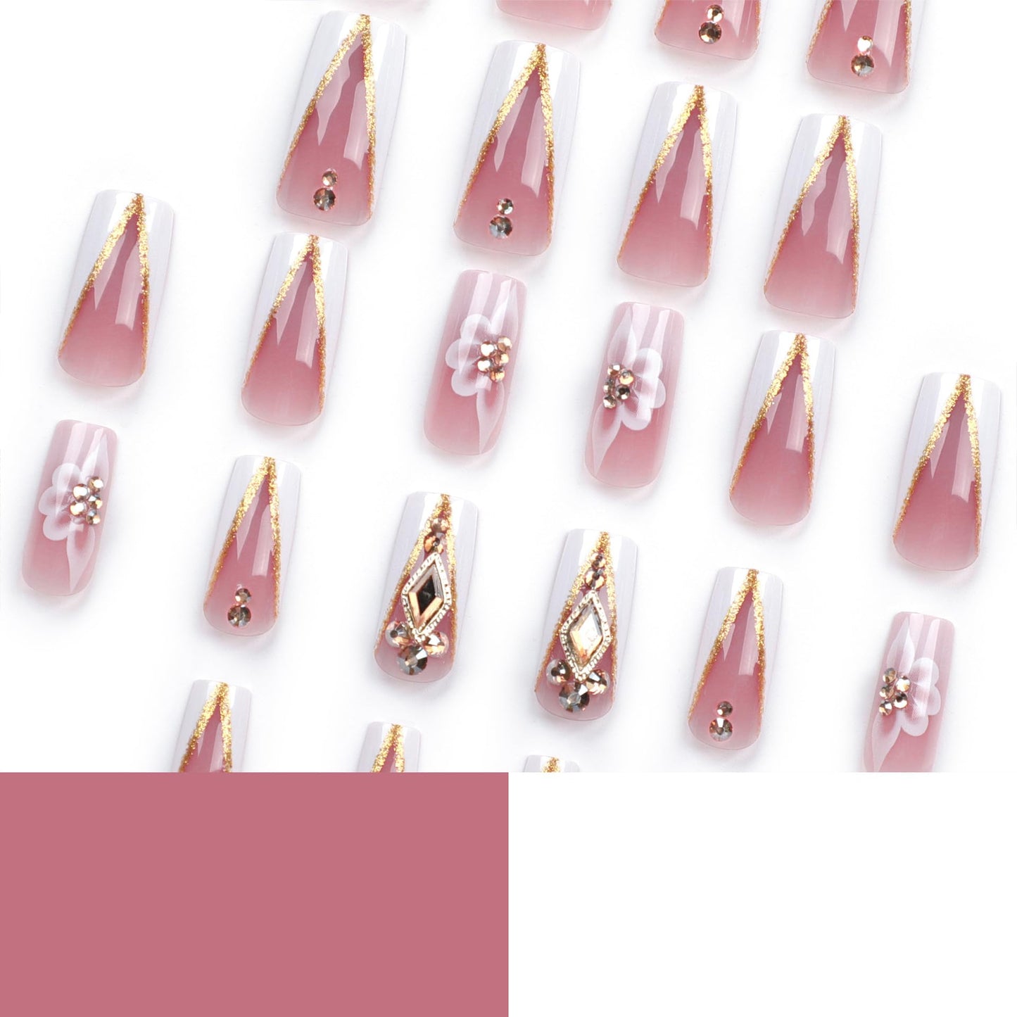 RTKHFZE Press on Nails Long Square Fake Nails Gold Glitter V Shape False Nails French White Flower and Three-Dimensional Rhinestones Designs Acrylic Nails Glossy Full Cover Stick on Nail for Women