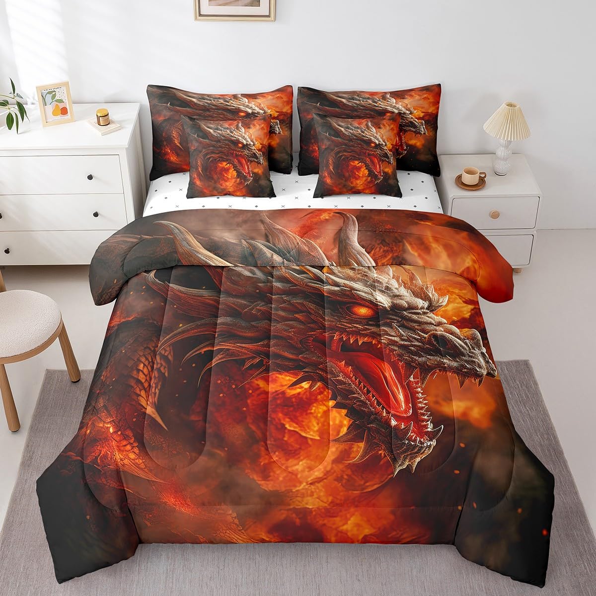 7 Pieces Comforter Set Queen Size, Red Fire Dragon Bedding Bed in a Bag With Flat and Fitted Sheets for Kids and Adults, 3D Fire Dragon Comforter Set With Pillowcases & Pillow Covers