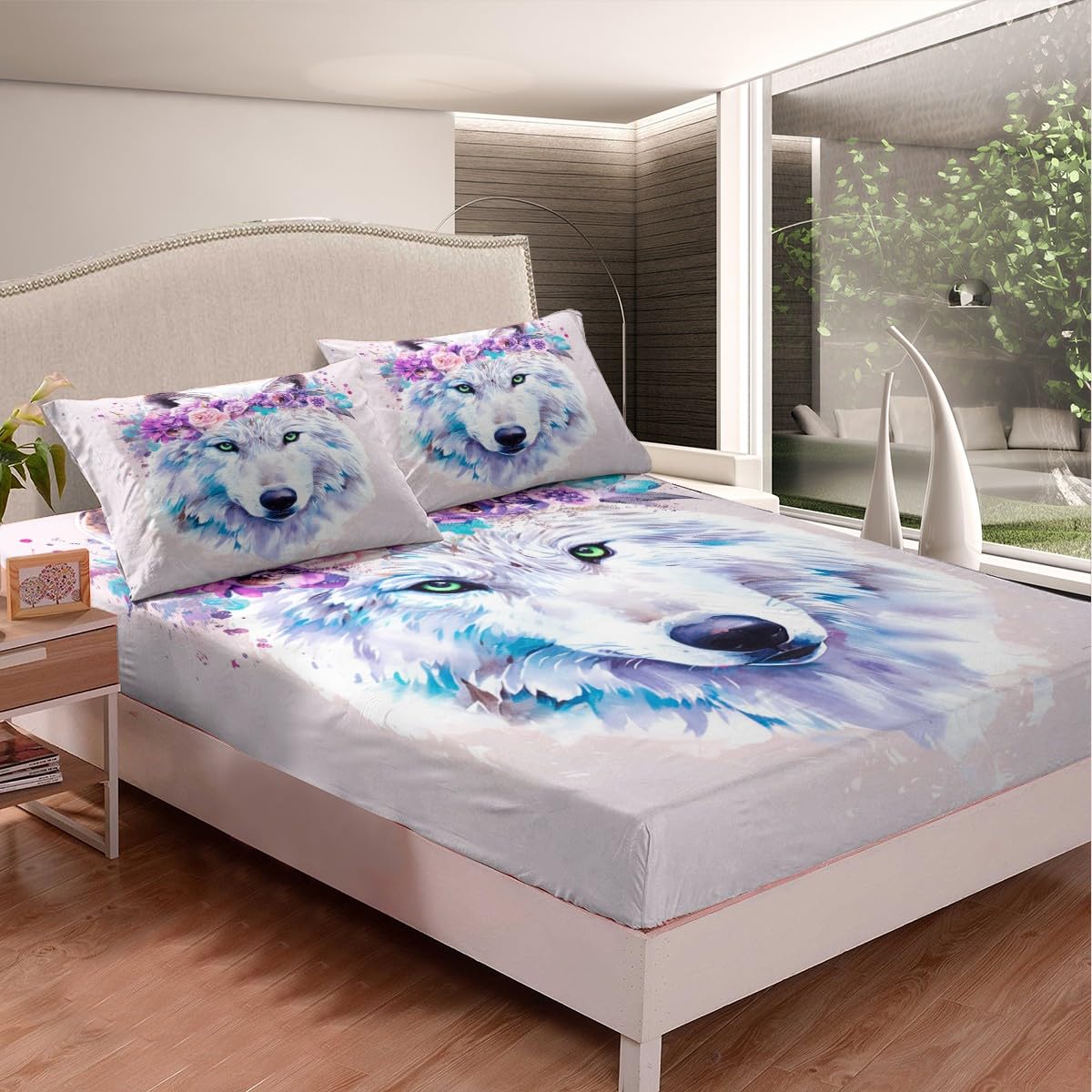 3D Wolf Bedding Set, with Green Eyes Wild Animal Blooming Flower Splash Watercolour Tie Dye Fitted Sheet, Decorative 2 Piece Sheet Set with 1 Pillow Sham, Twin Size, Black White