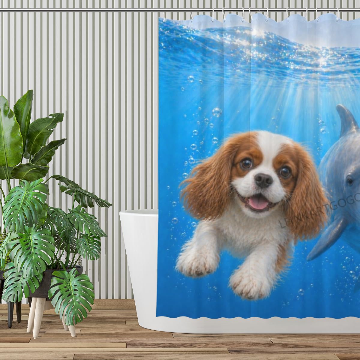 LFINKARTGOGO Ocean Cavalier King Charles Spaniel Shower Curtain 72x72 with 12 Hooks Underwater Animal Dolphin Waterproof Washable Polyester Bath Curtain for Home Hotel Decor
