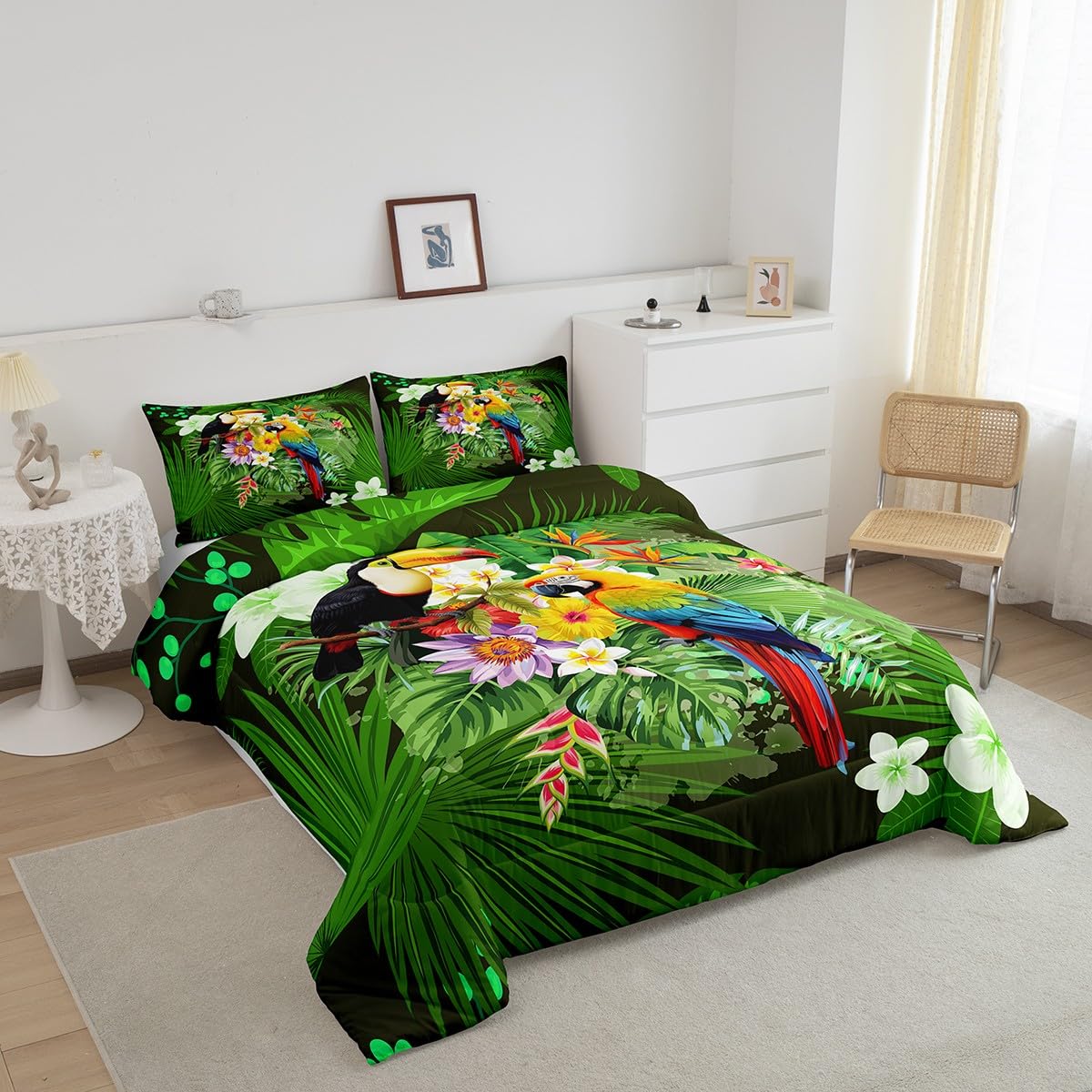 Toucan Comforter Twin Size Parrot Bedding Sets Safari Animals Comforter Set for Kids Girls Women Tropical Palm Leaf Floral Birds Fresh Nature Down Comforter with 1 Comforter and 1 Pillow Case Green