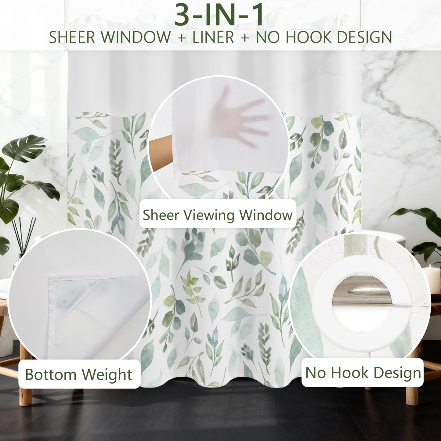 No Hook Shower Curtain with Snap in Fabric Liner Set, Waterproof & Washable, Boho Green Botanical Leaf Floral Shower Curtains for Bathroom, Rustic Modern Hotel Style Plant Bathroom Curtain, 71x74 inch