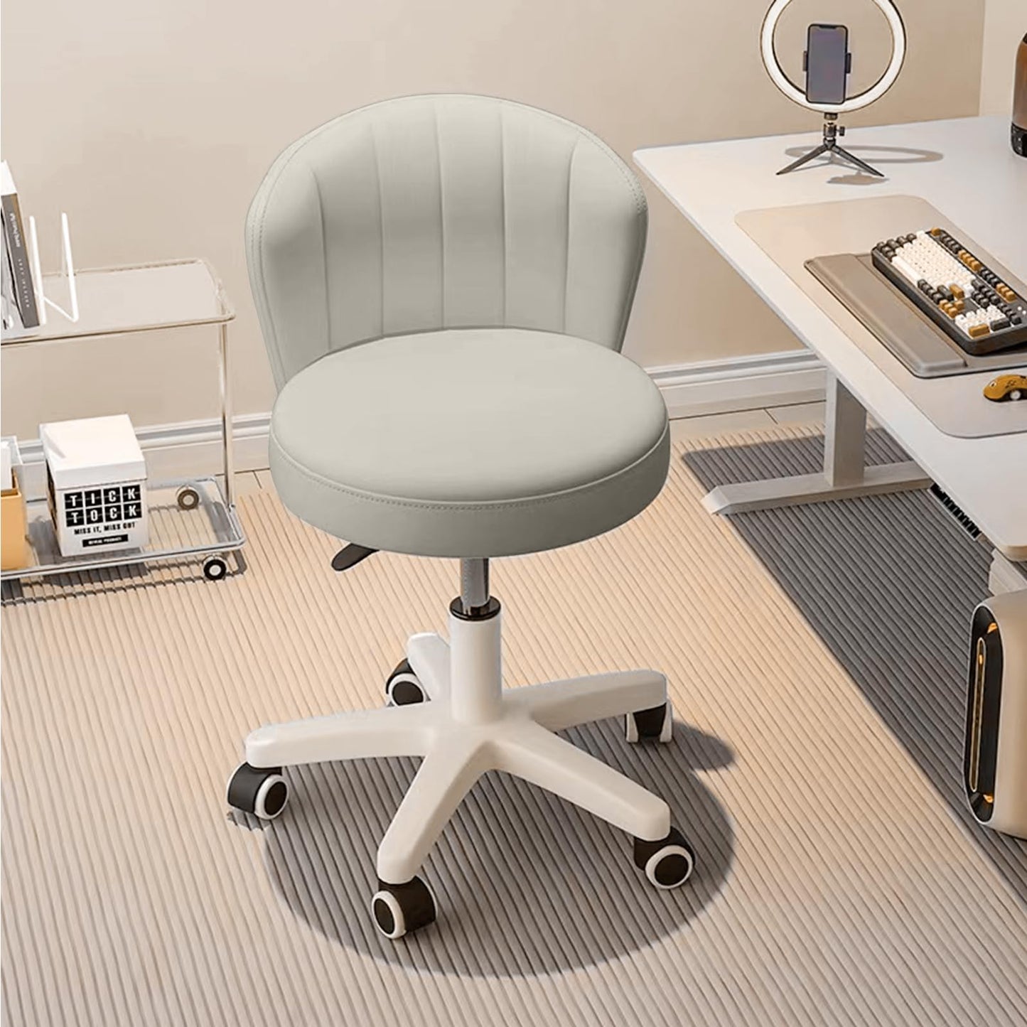 HDHNBA Small Desk Chair Round Rolling Chair with Back PU Leather Height Adjustable Swivel Vanity Work Computer Stool Chair for Home Office Bedroom