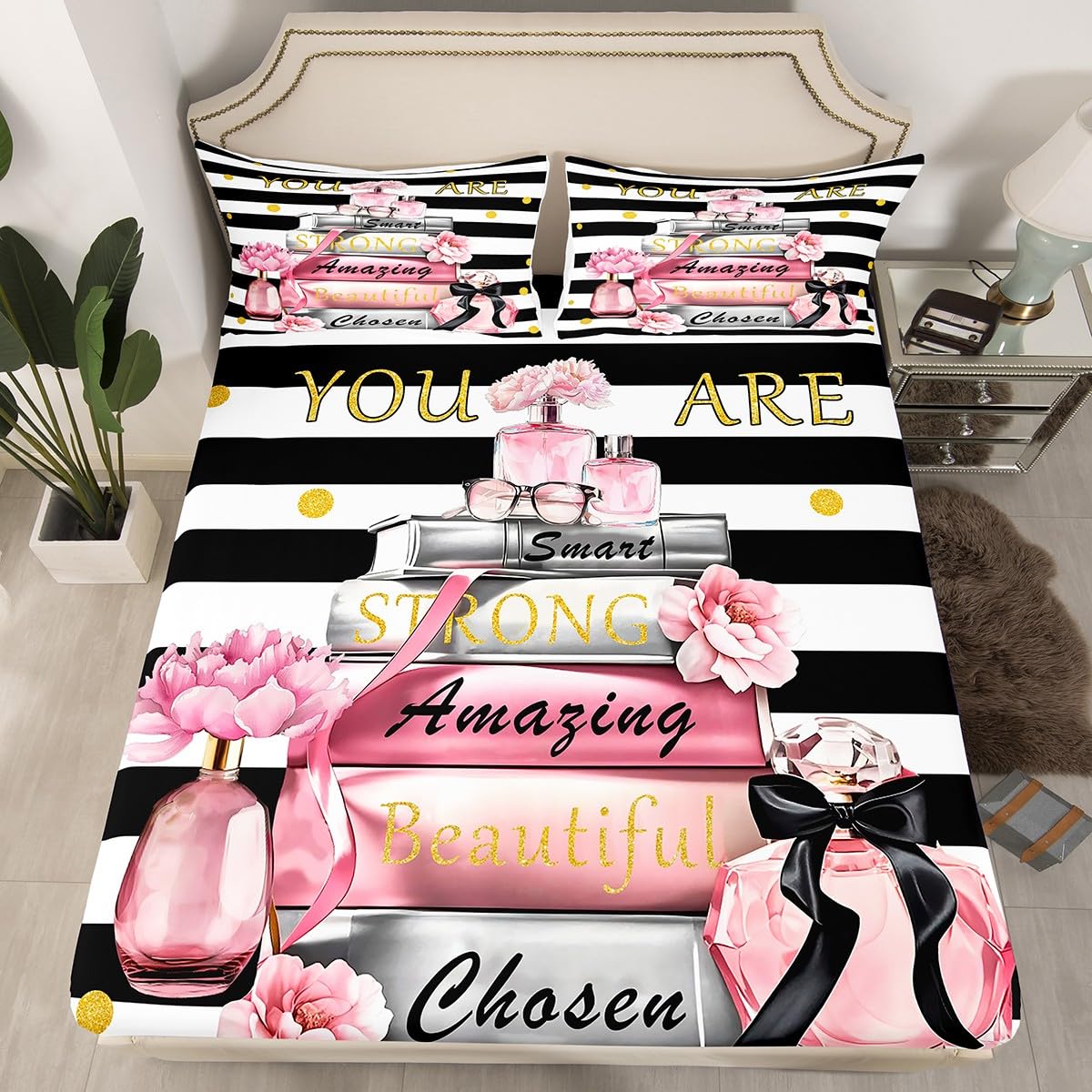 Erosebridal Black and Pink Bed Sheets King Size Girly Inspirational Cute Sheet Set for Girls Women You are Black and White Striped Modern Sheets Books Perfume Fashion Girls Flower Bedding Set