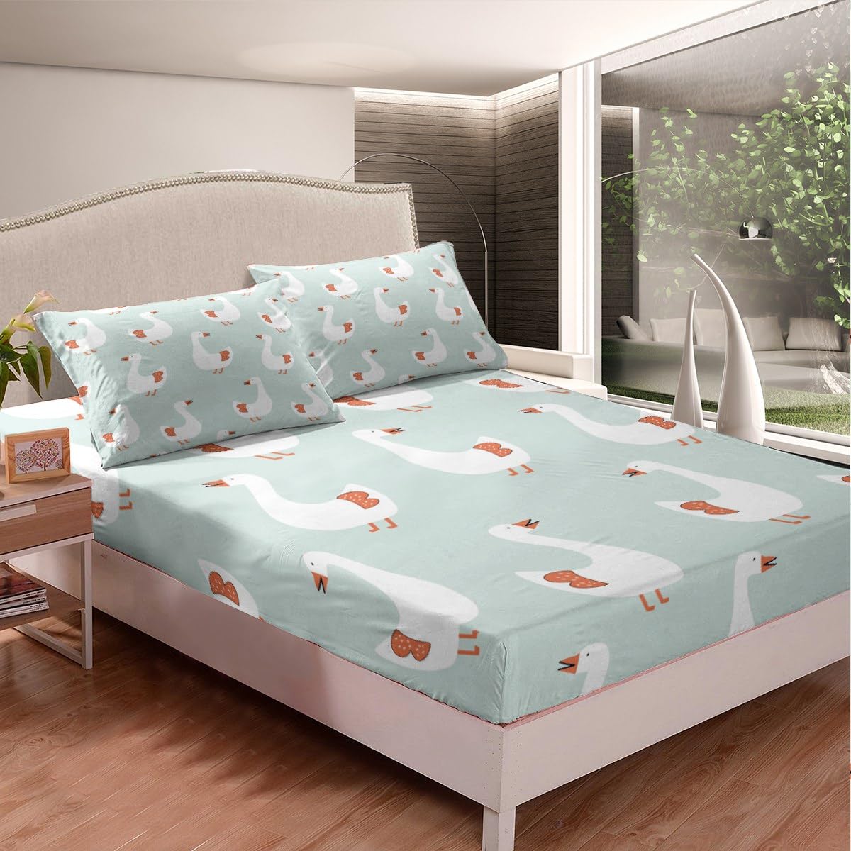 Erosebridal Cute Goose Sheet Set for Kids Child,Cartoon Hand Drawn Goose Pattern Bed Sheets Full,Farm Style Duck Animal Bedding Set,Country Wildlife Fitted Sheet + Top Sheet + 2 Pillowcases