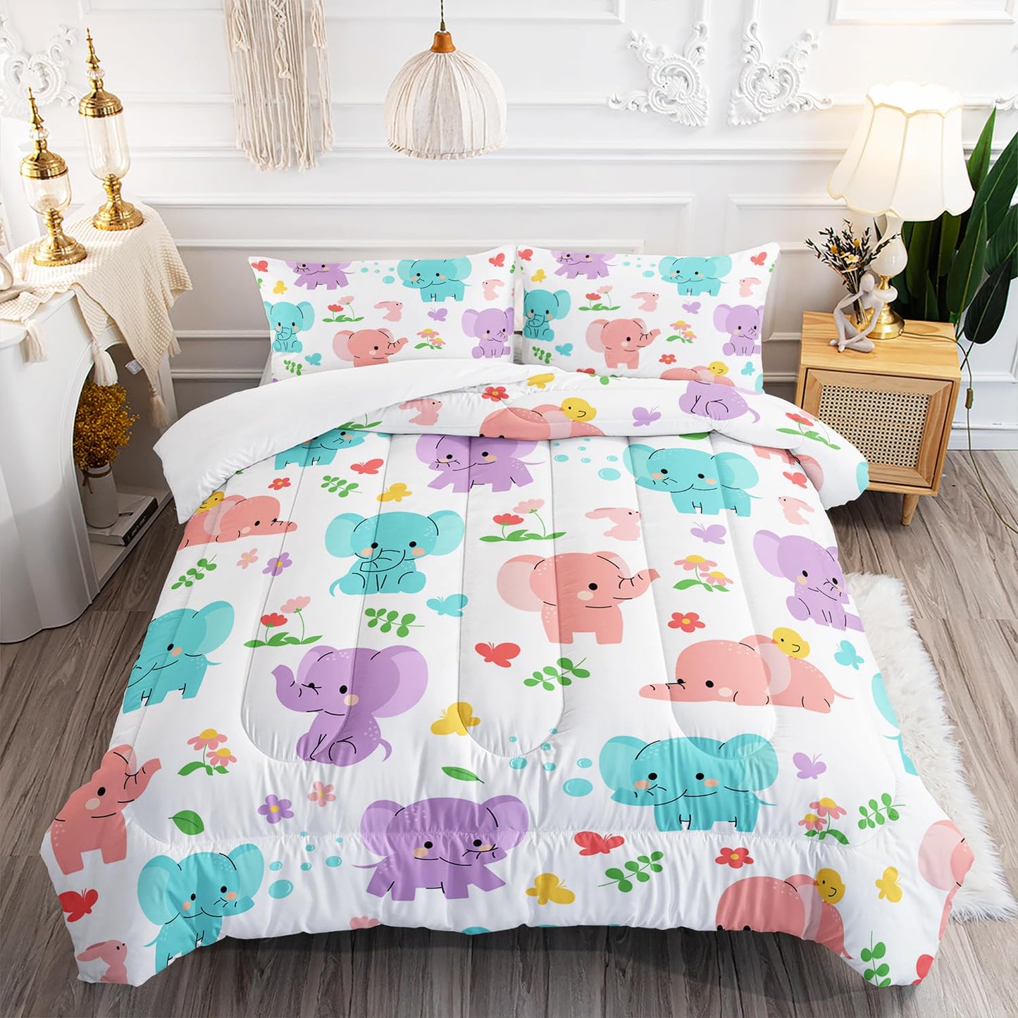 AILONEN Elephant Kawaii Bedding Set, Cute Animals Duvet Set for Girls & Boys - Twin Size, 3 Pieces (1 Comforter, 2 Pillowcases)