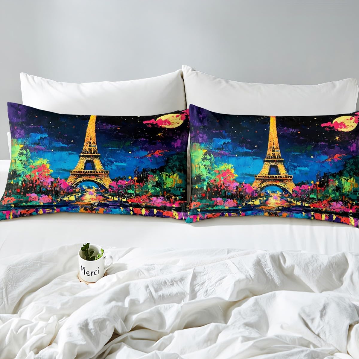 Feelyou Kids Eiffel Tower Bed Sheet Set Full Size, Valentine's Day Bedding Set Paris Fitted Sheet Boys Girls Romantic Teens Bed Cover Bedroom Decor (2 Pillow Cases and a Fitted Sheet)