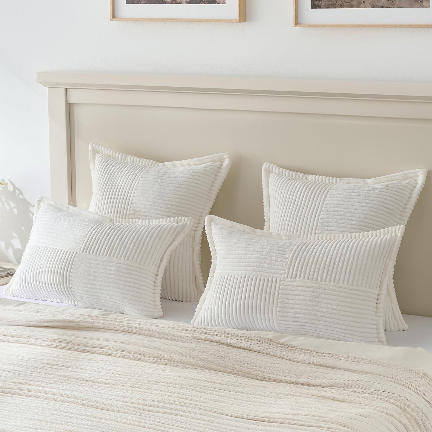 HAUSSY 2 Pack Pillow Covers 18x18 Inch, Corduroy Decorative Throw Pillows Soft Boho Striped Solid Couch Cushion Covers Home Decor Modern Pillow Cases for Living Room Sofa Bed, White (Covers Only)