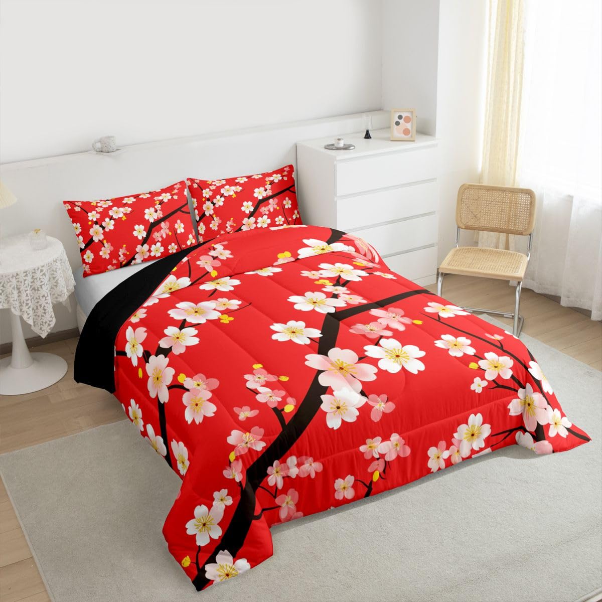 jejeloiu Cherry Blossom Kids Comforter Set Queen Size Japanese Style Bedding Set Chinese Ink Painting Duvet Quilt for Kids Boys Girls Bedroom Plum Blossom Decor Microfiber Ultra Soft Breathable