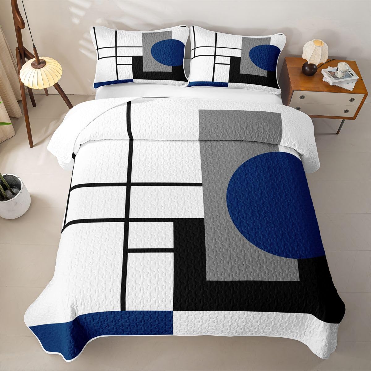 Erosebridal White Black Blue Striped Quilt Set Boho Modern Geometric Abstract Quilt Twin Stripes Lines Quilted Bedspread with 1 PillowcaseMinimalist Square and Circle Coverlet