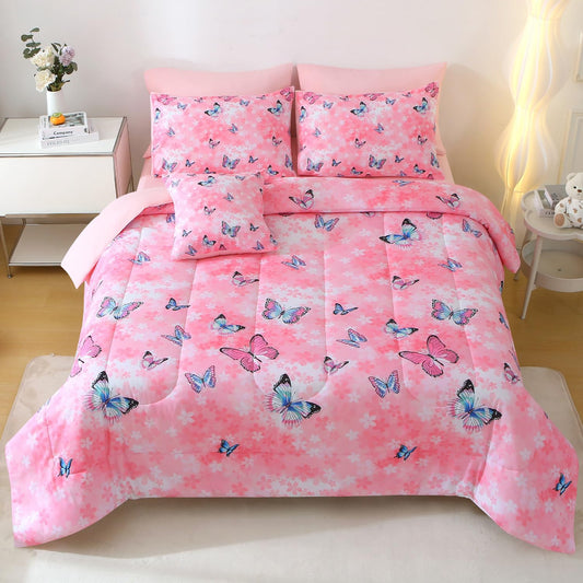 JQinHome 6 Piece Butterfly Comforter Set Twin, 3D Pink Flower Printed Bedding Set, All Season Microfiber Butterfly Theme Home Decor Bedding for Girls with Sheet Sets (Pink)