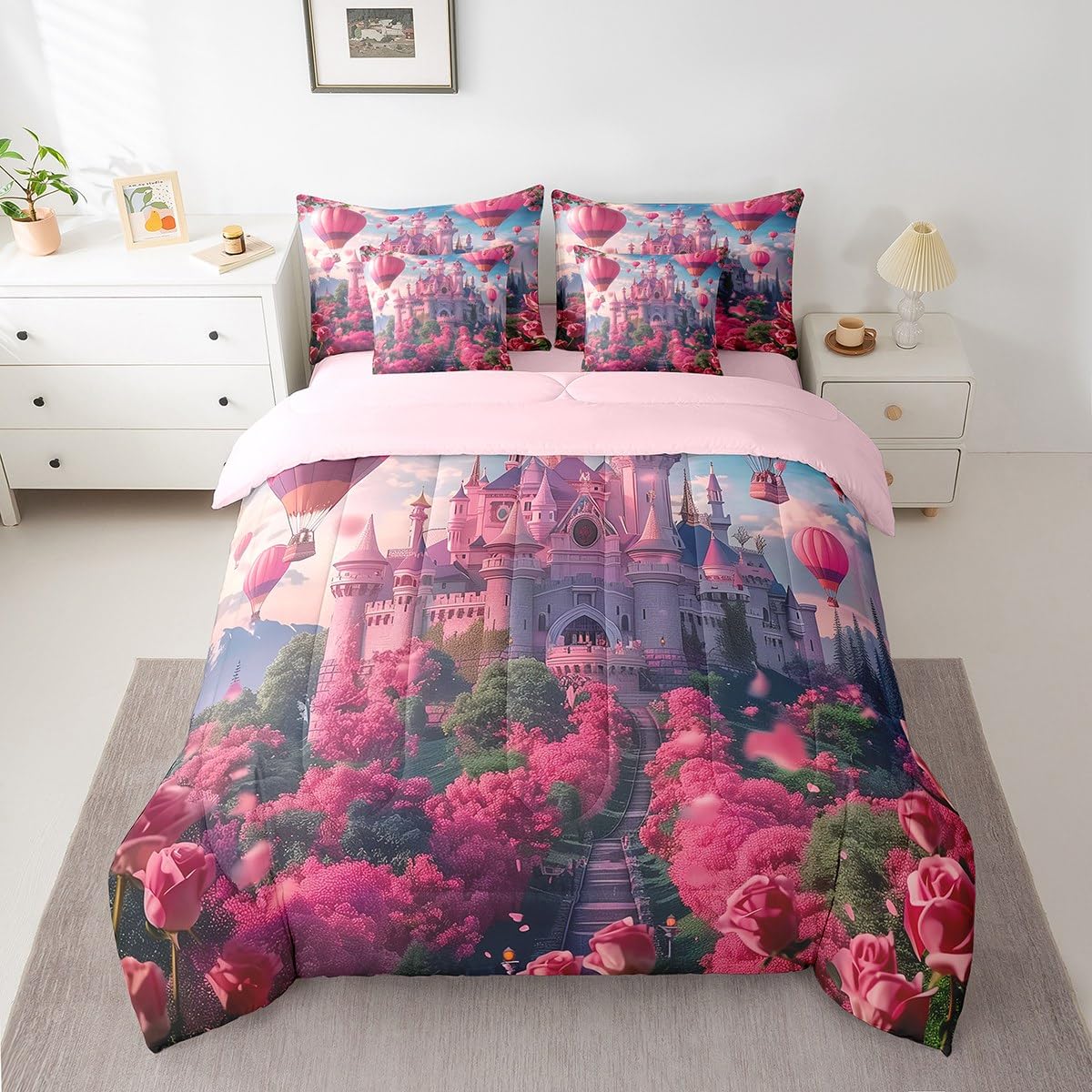 Erosebridal Kids Dreamy Castle Comforter Set King,Sea of Rose Flowers Bedding Set 7Pcs for Girls Teens,Funny Hot Air Balloon Print Bed in a Bag,Floral Leaves Botanical Quilt