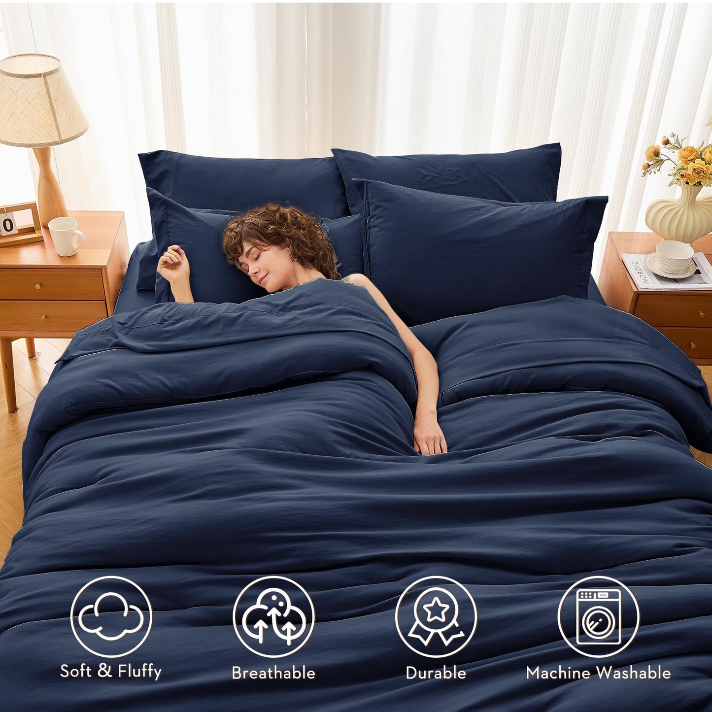 MUXHOMO 7 Pieces King Comforter Set, Soft Bed in a Bag King Size, All Season Bedding Set with Comforter, Flat Sheet, Fitted Sheet, Pillowcases & Shams, Navy Blue