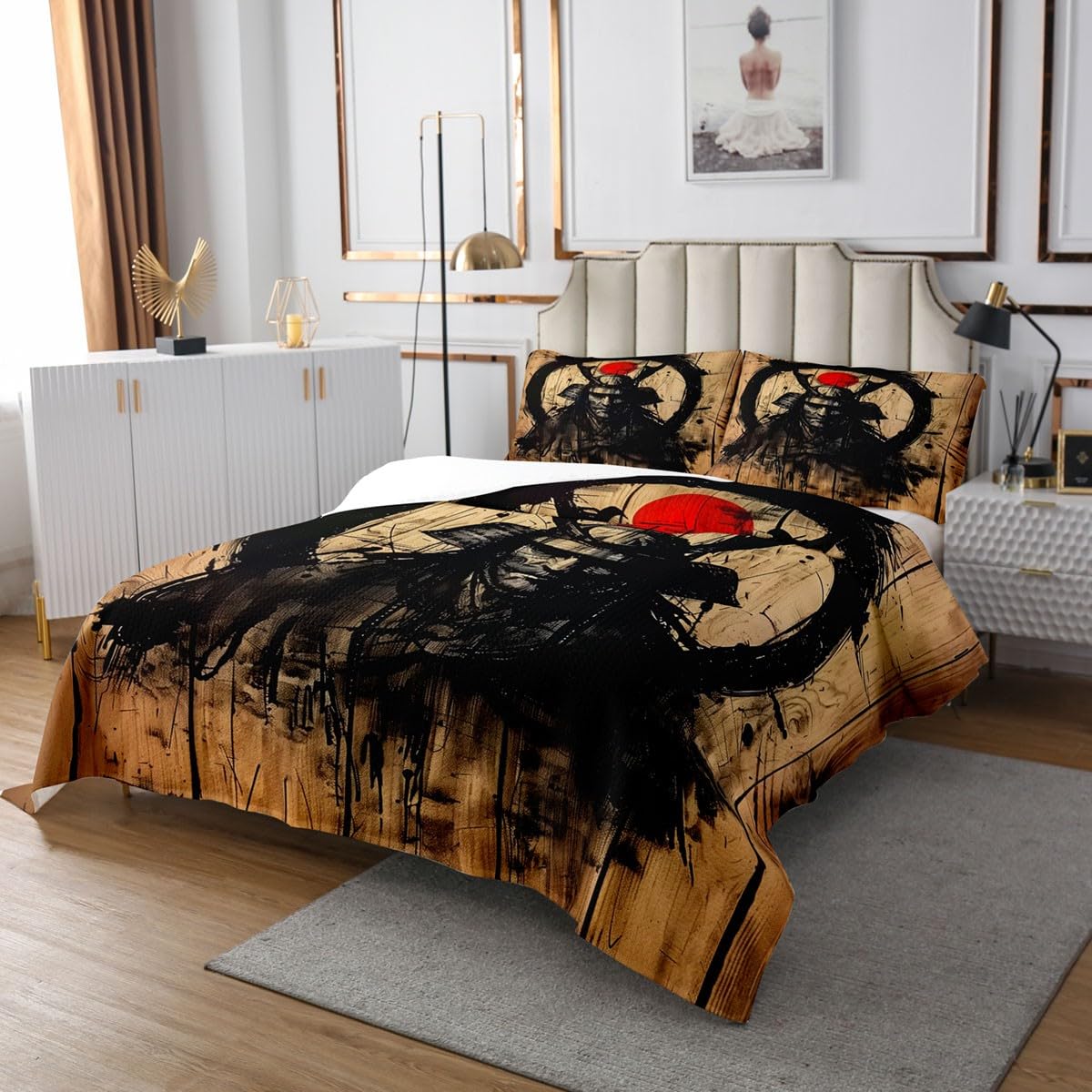 Homewish Japanese Samurai Bedspread King Size,Black Graffiti Bedding Set 3Pcs for Kids Girls Boys Adult Room Decor,Swordsman Art Quilt Comforter Rustic Brown Wooden Coverlet,2 Pillowcases