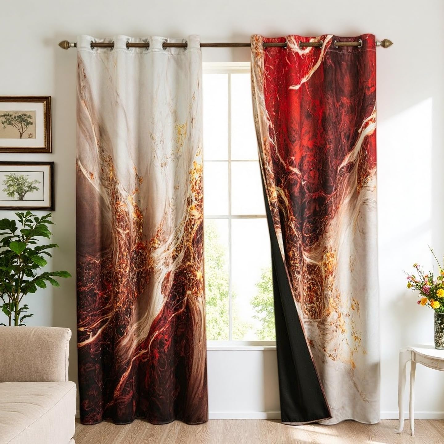 Marble 100% Blackout Curtains for Bedroom 84 inch Long 2 Panels Set Red Gold Marble Texture Veins Modern Abstract Black Out Curtains Insulated Room Darkening Window Drapes for Living Room, 42Wx84L