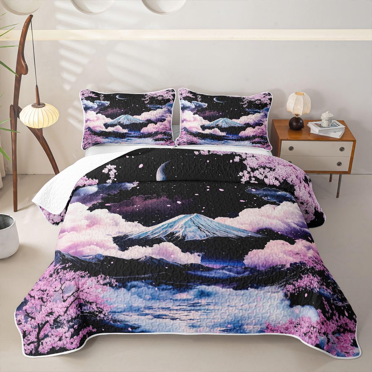 Erosebridal Japanese Cherry Blossom Quilts Twin Size - Japanese Style Bedspread Coverlet Set, Japan Mount Fuji Quilt Coverlets 2Pcs (Only 1 Pillowcase)