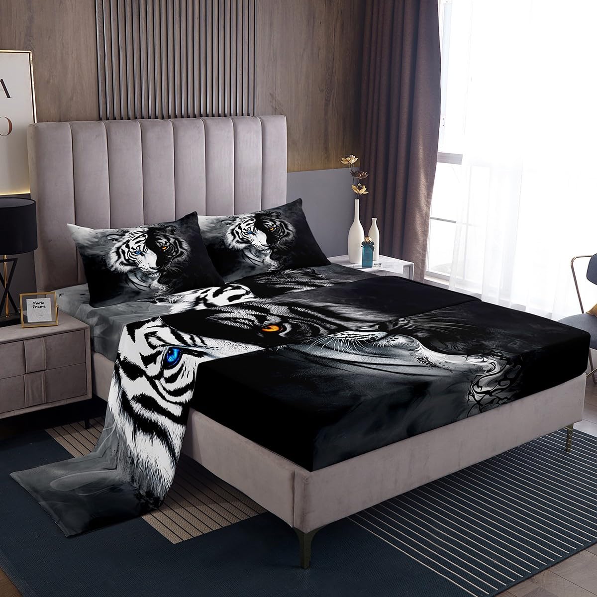 Erosebridal Tiger Bed Sheets Set Full African Safari Animal Flat Fitted Sheet Black and White Stripes Bed Set 3D Wildlife Bedding Set for Boys Adult Men Women Bedroom Decor with 2 Pillow Cases