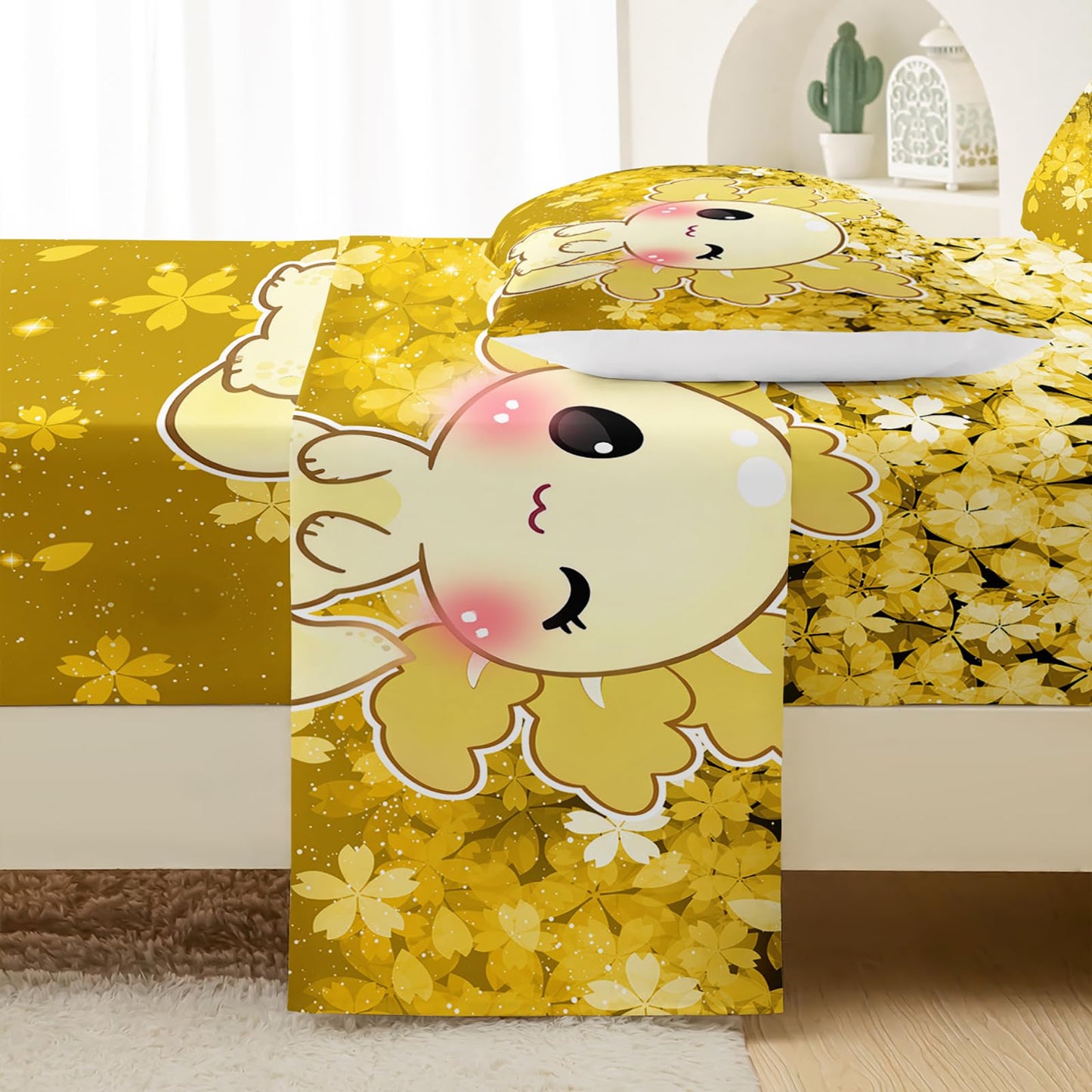 QOOMO Cartoon Animals Kids Sheet Set Queen Size,Kawaii Axolotl Print Bedding Set Lightweight All Seasons,Yellow Sets for Room Decoration,1 Fitted Sheet,1 Flat Sheet,2 Pillow Cases
