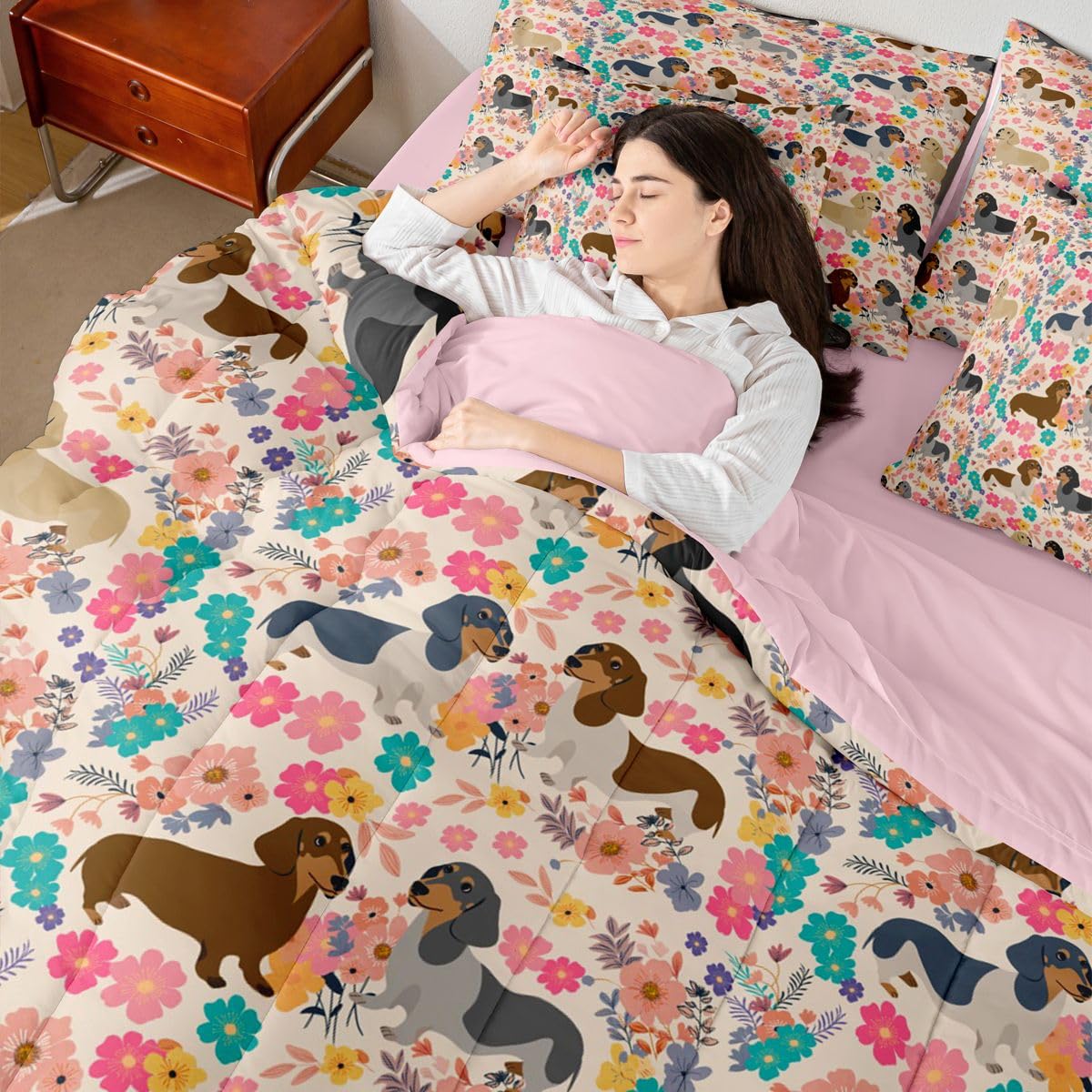 Dachshund Decor Pink Floral Queen Comforter Set with Sheets | Dachshund Gifts for Women Puppy 7 Piece Bedding Set Lovely Pup Dog Flowers Bed in a Bag, Dog Lover Cute Pet Doggy Animal Room Decor