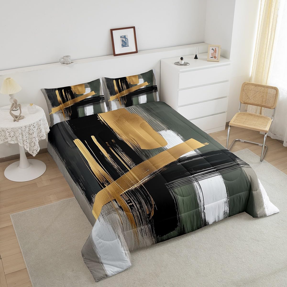 Feelyou Kids Abstract Art Comforter Set Queen Size Geometric Duvet Quilt for Boys Girls Teens Gold Modern Art Bedding Set Bedroom Decor Breathable Soft Lightweight Microfiber 3Pcs