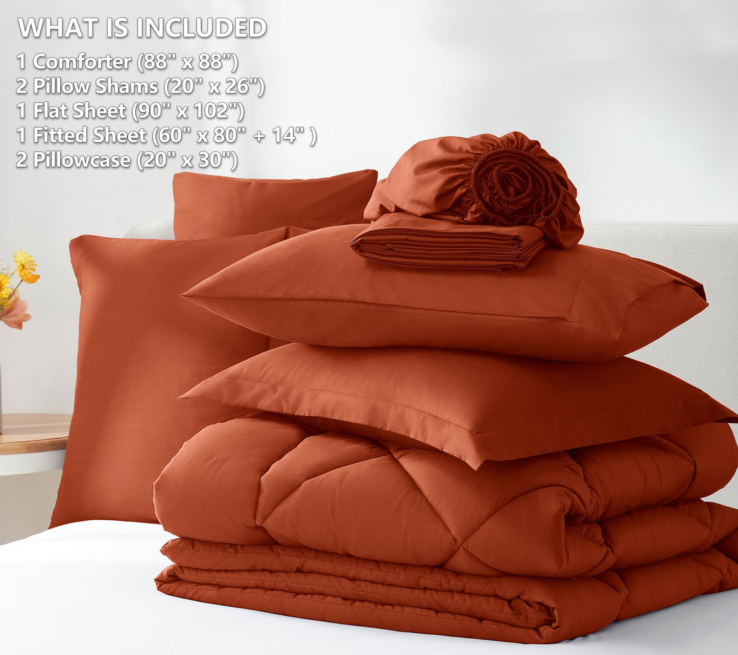 CozyLux Queen Comforter Set Burnt Orange - Bed in a Bag Queen Size 7 Pieces, Luxury Soft Bed Set for All Seasons, Bedding Set with Down Alternative Comforter, Sheets, Pillowcases & Shams, Terracotta