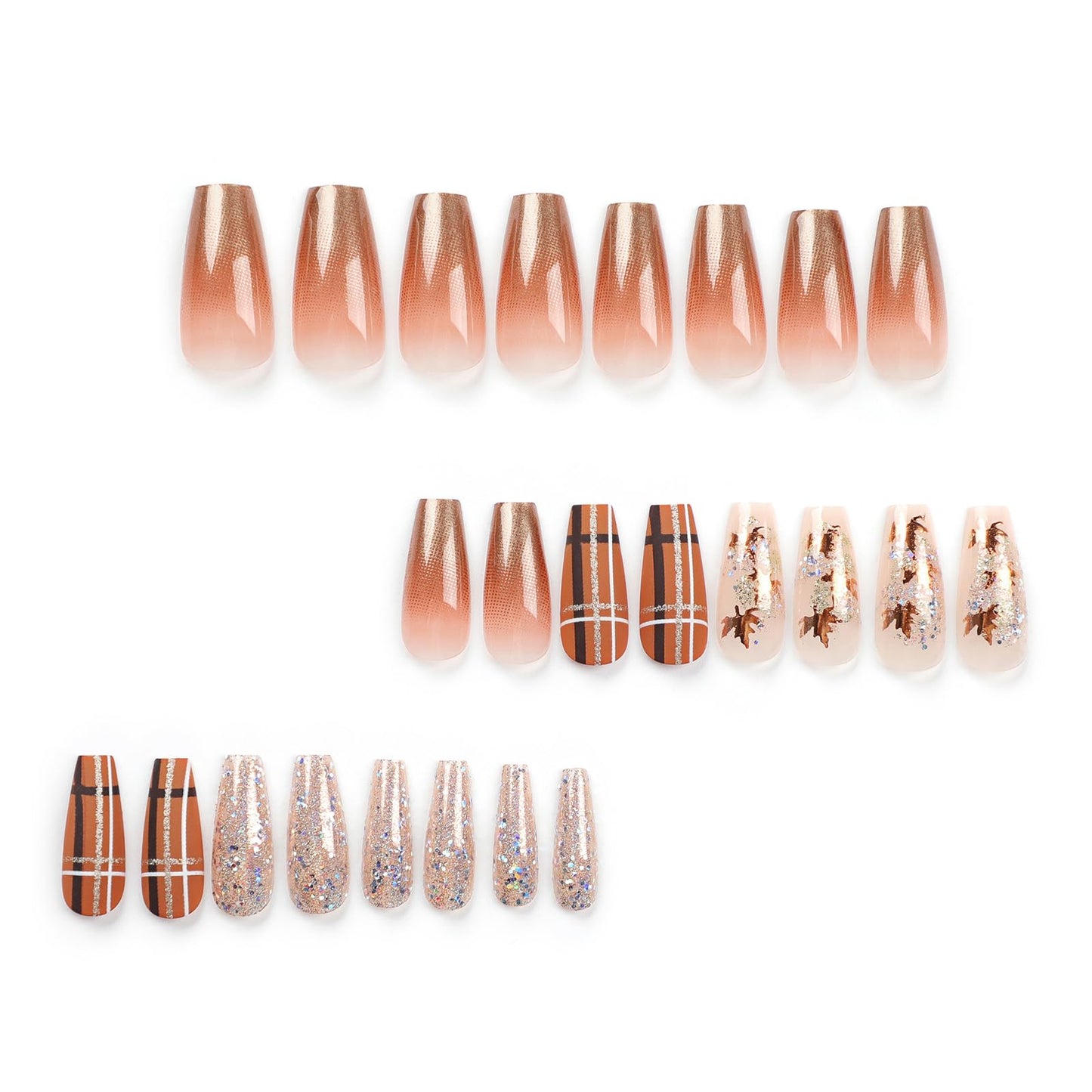 MISUD Press on Nails - Long Coffin Fake Nails with Fall Maple, Acrylic Autumn Design 24 pcs