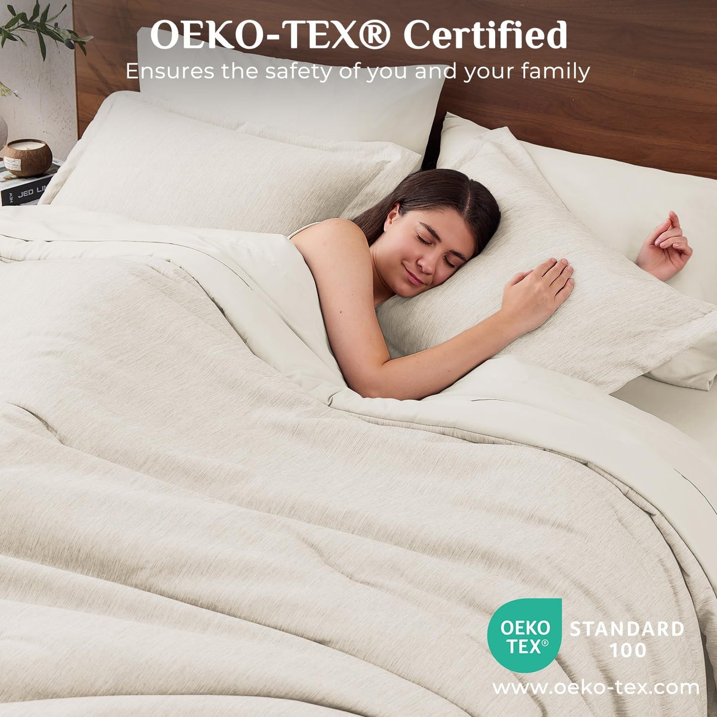 JOLLYVOGUE Queen Comforter Set, Cationic Dyeing Bed in a Bag 7 Pieces, Double-Tone Bedding Set with Down Alternative Comforter, Sheets, Pillowcases & Shams, Beige