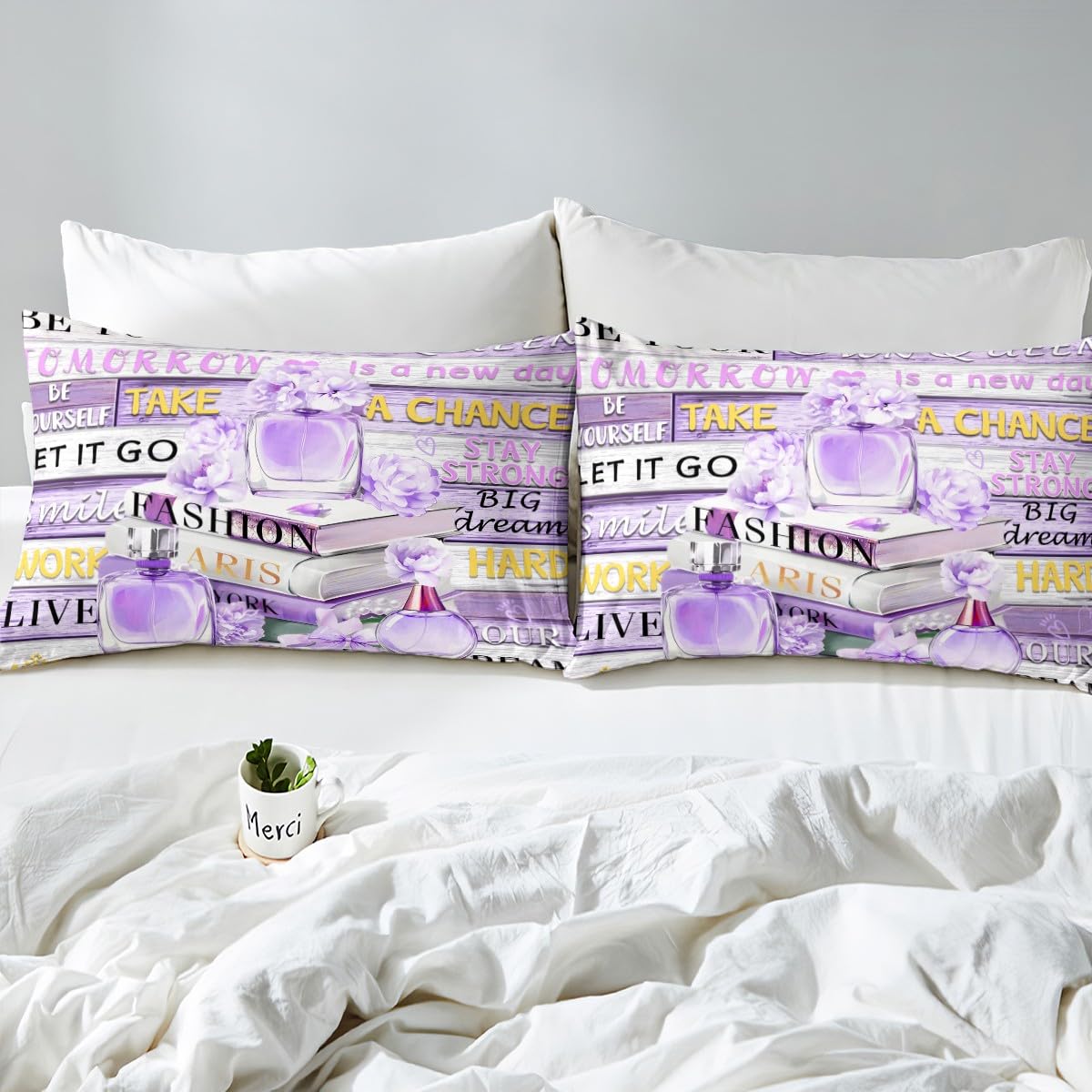 Erosebridal Violet Fashion Sheet Set King for Women Girls Kids Girly Aesthetic Modern Bed Sheets Inspirational Quotes Elegant Coquette Cute Bedding Set Perfume Paris Preppy Pink Purple Bow Sheets