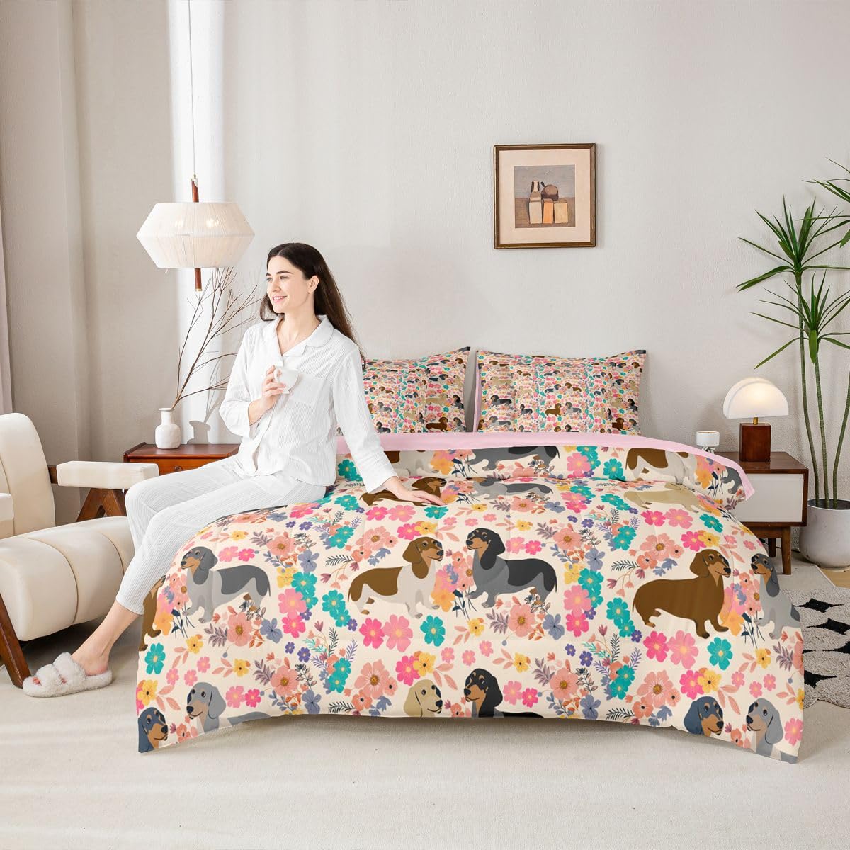 Dachshund Decor Pink Floral Queen Comforter Set with Sheets | Dachshund Gifts for Women Puppy 7 Piece Bedding Set Lovely Pup Dog Flowers Bed in a Bag, Dog Lover Cute Pet Doggy Animal Room Decor