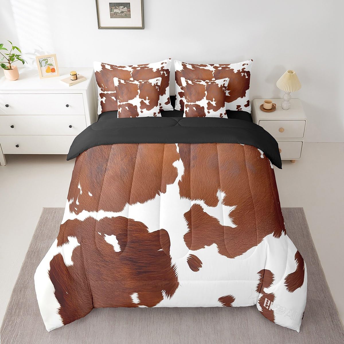 Erosebridal Brown Cowhide King Bedding Set 7 Piece for Boys Cute Cow Print Bed in A Bag for Kids Teens Youth Adult Western Animal Hair Comforter Set with Sheetrustic Farmhouse Bed Sets