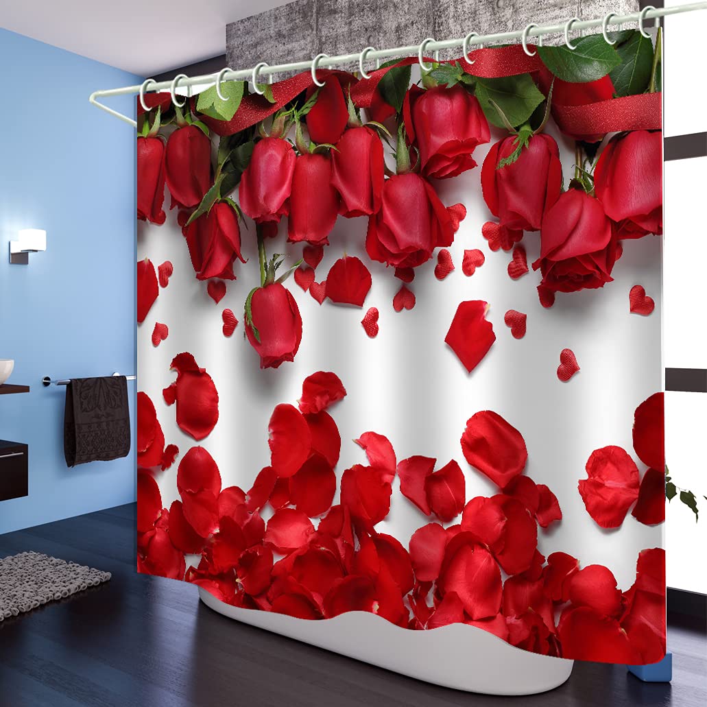 LYFANS Waterproof Fabric Shower Curtains Lining Printed Red Rose Petal Covered Bathtub Bathroom Curtain Includes 12 Shower Curtains Hooks, 59 x 72 Inch Peep Proof Shower Curtain.