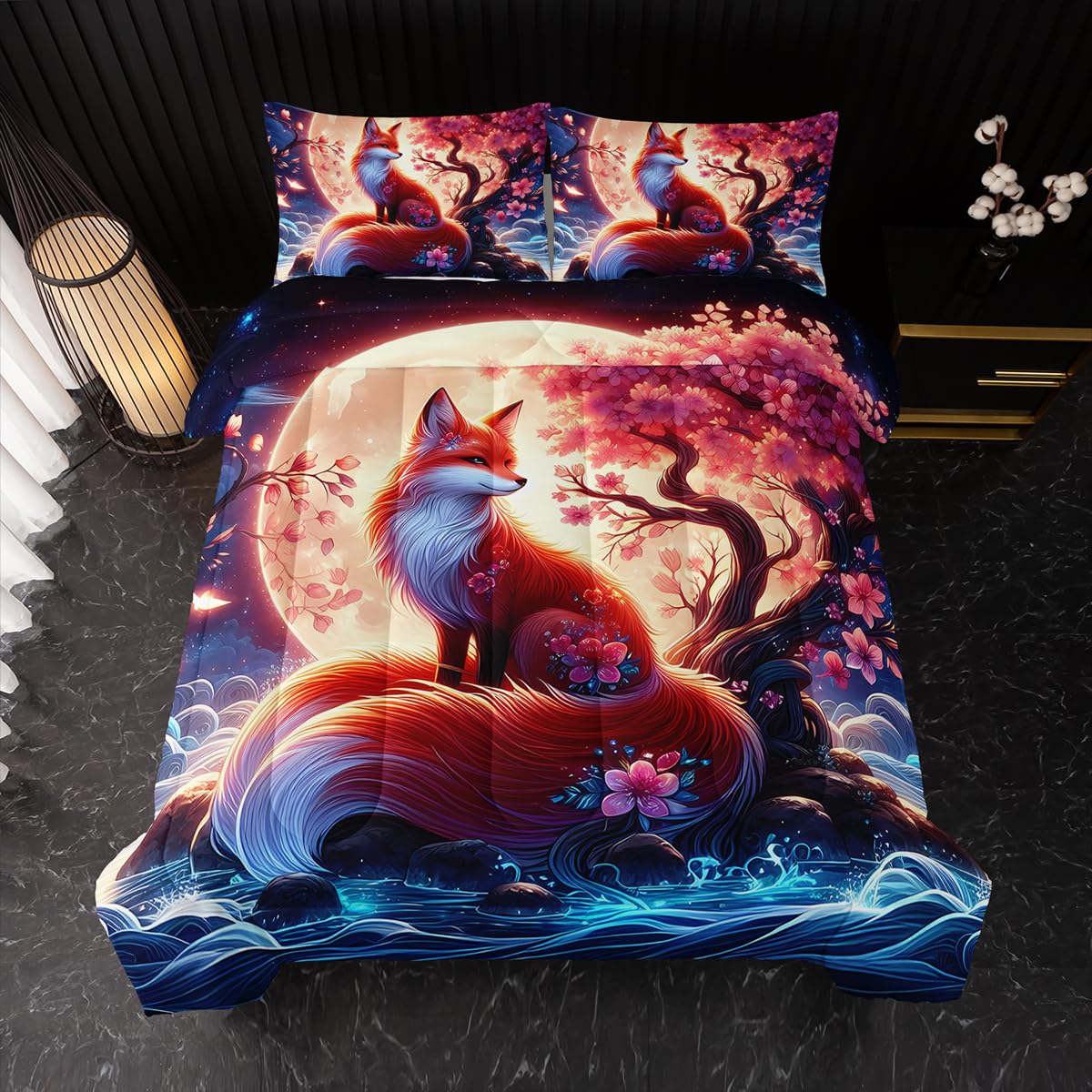 Nttopship Fox Comforter Bedding Set with 2 Pillowcase Full Size Cartoon Fox Sakura Comforter Set for Kids Boys Girls Bedroom Decor