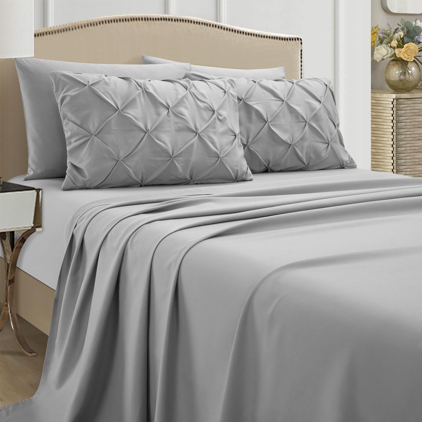 AiMay 6 PC Sheet Pillowcase Set Deep Pocket Double Brushed Microfiber Soft Durable Solid Color Wrinkle Free 1 Flat Sheet 1 Fitted Sheet 2 Pillowcases 2 Pinch Plated Pillowcases(Light Gray, Queen)